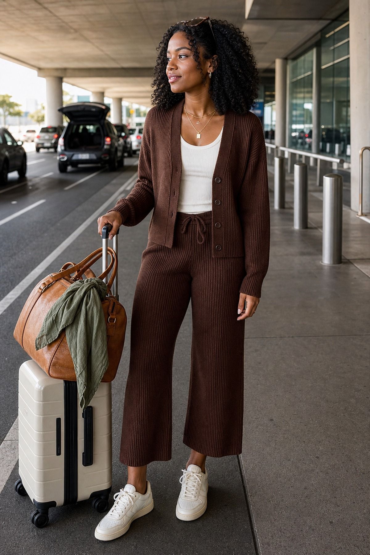 Woman wearing a matching knit set, a fall airport outfit