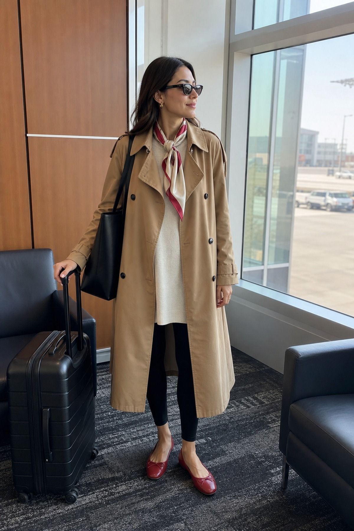 Woman wearing a trench coat with leggings, a fall airport outfit