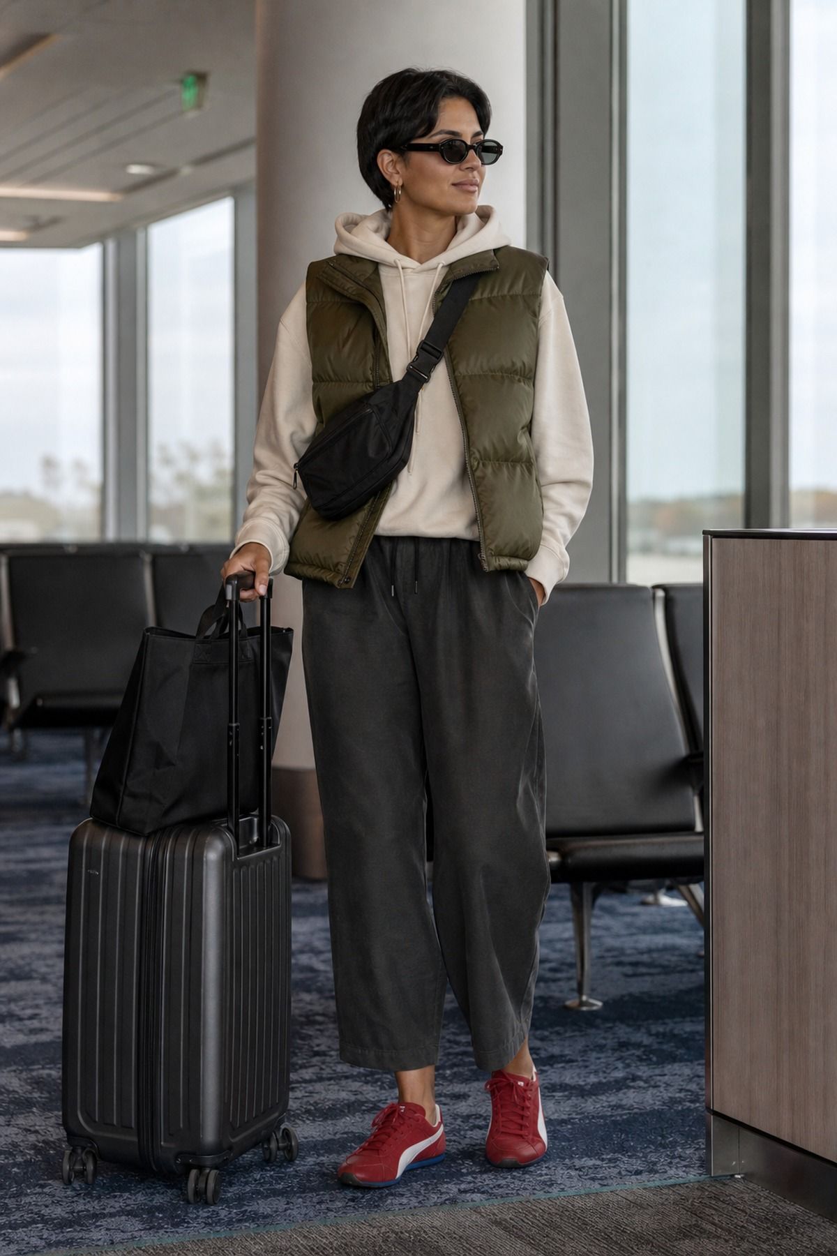 Woman wearing a puffer vest with a hoodie, a fall airport outfit