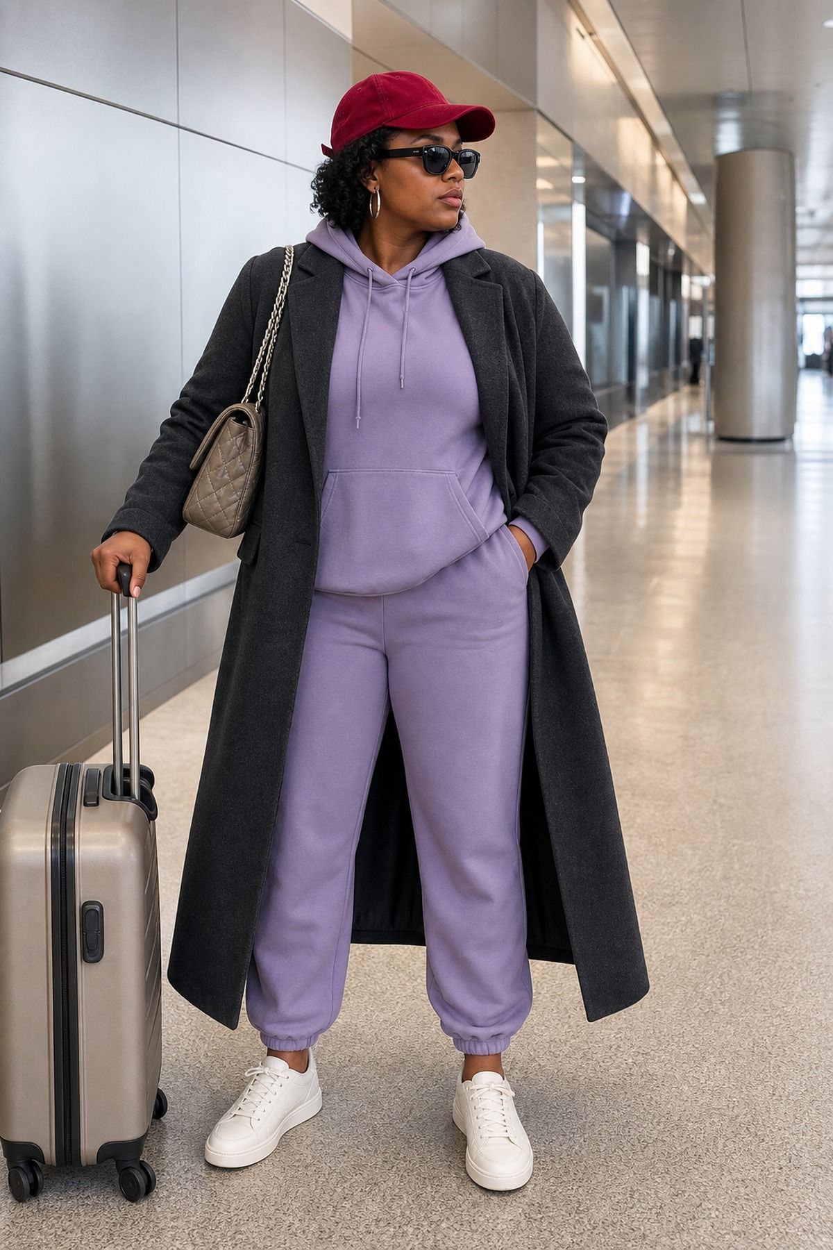Woman wearing a long coat with a tracksuit, a fall airport outfit