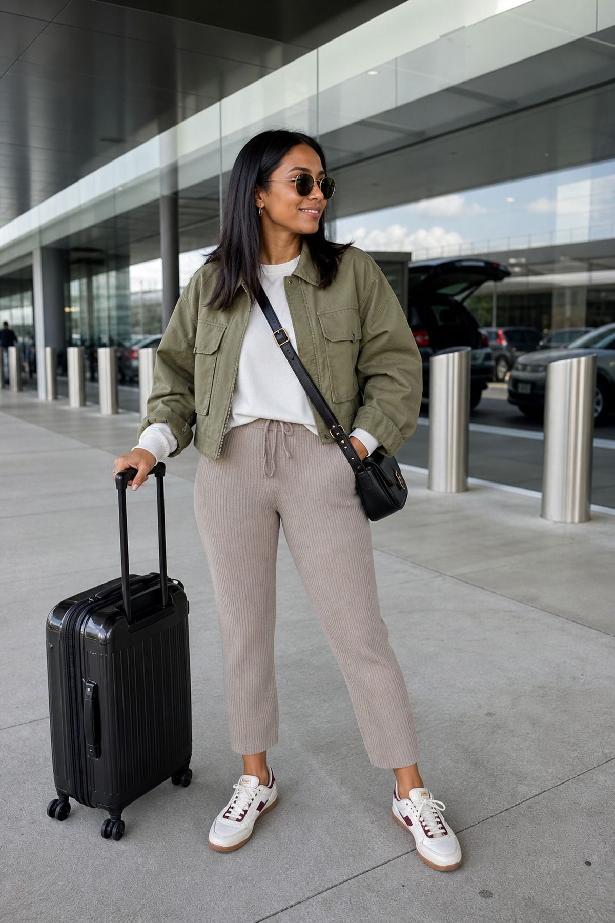 Woman wearing an utility jacket with knit pants, a fall airport outfit