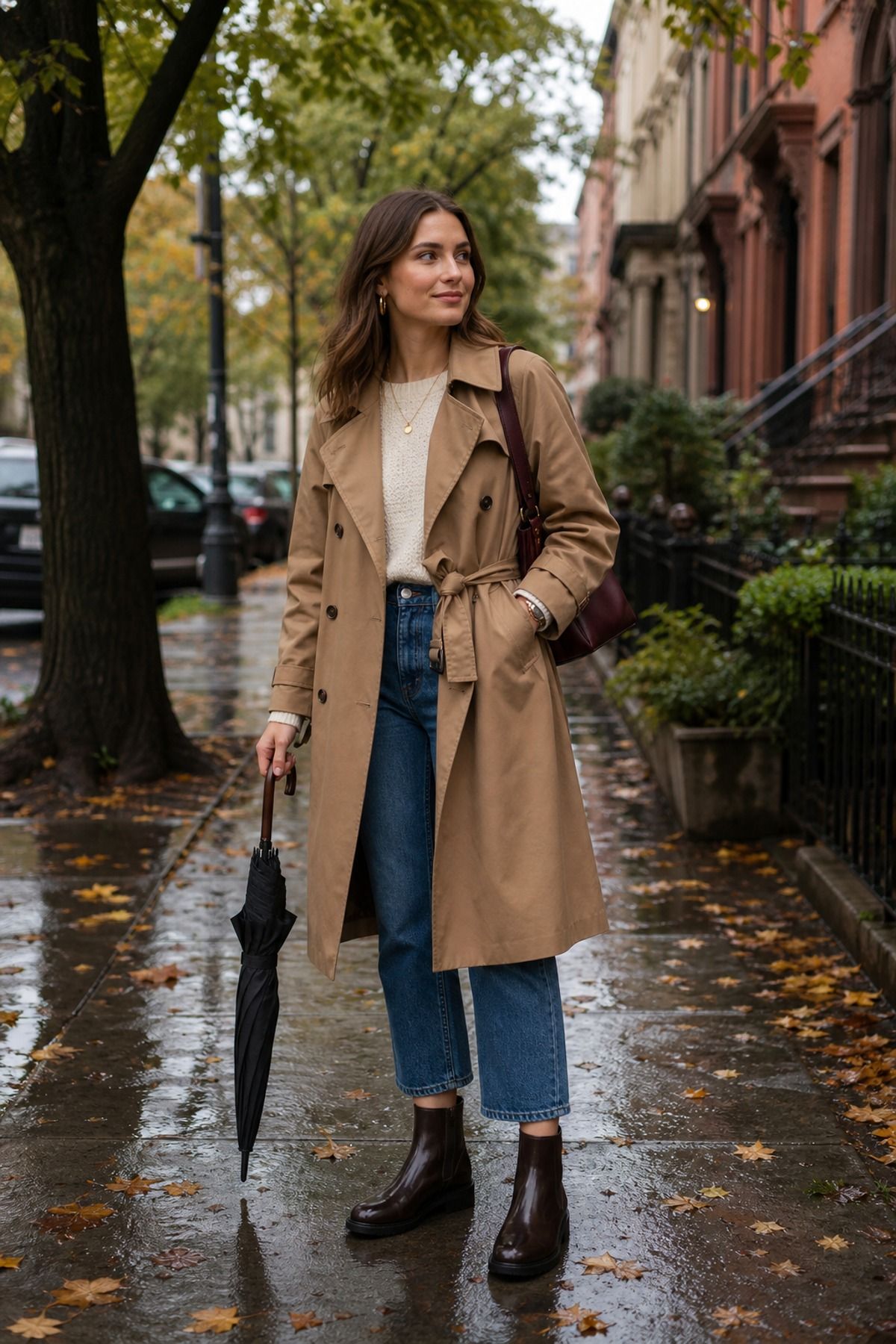 Woman wearing a belted trench with cropped jeans, a fall rainy day outfit