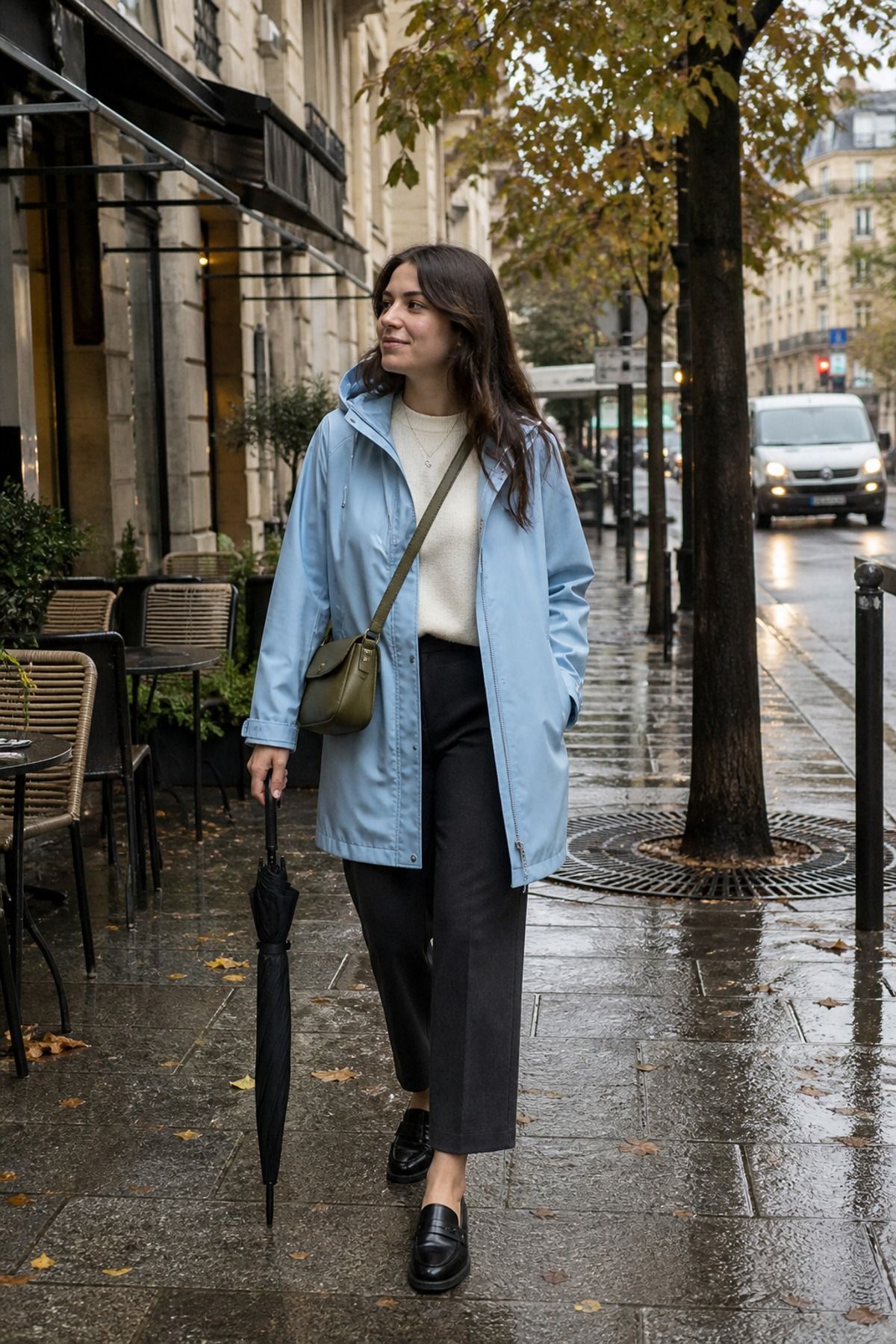 Woman wearing a raincoat with straight trousers, a fall rainy day outfit