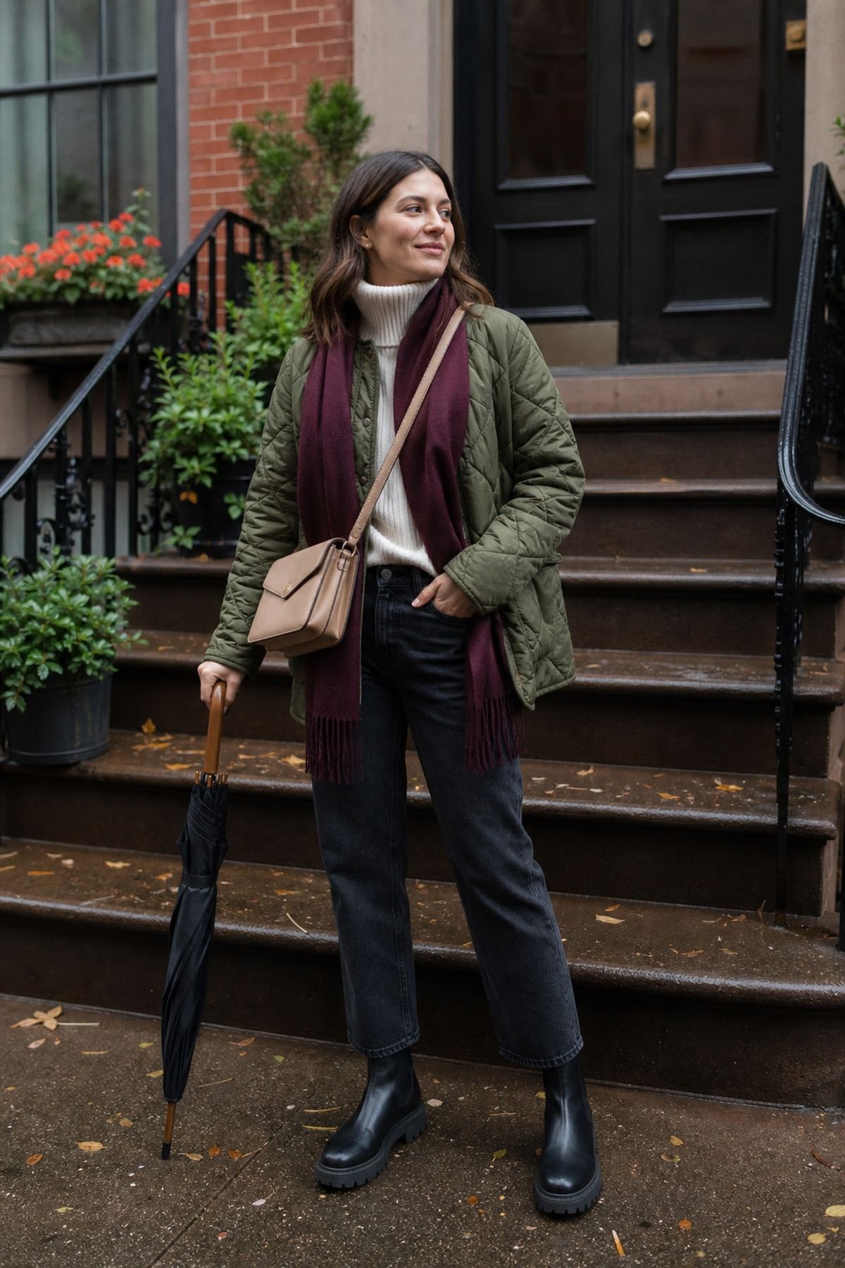 Woman wearing a quilted jacket with lug boots, a fall rainy day outfit