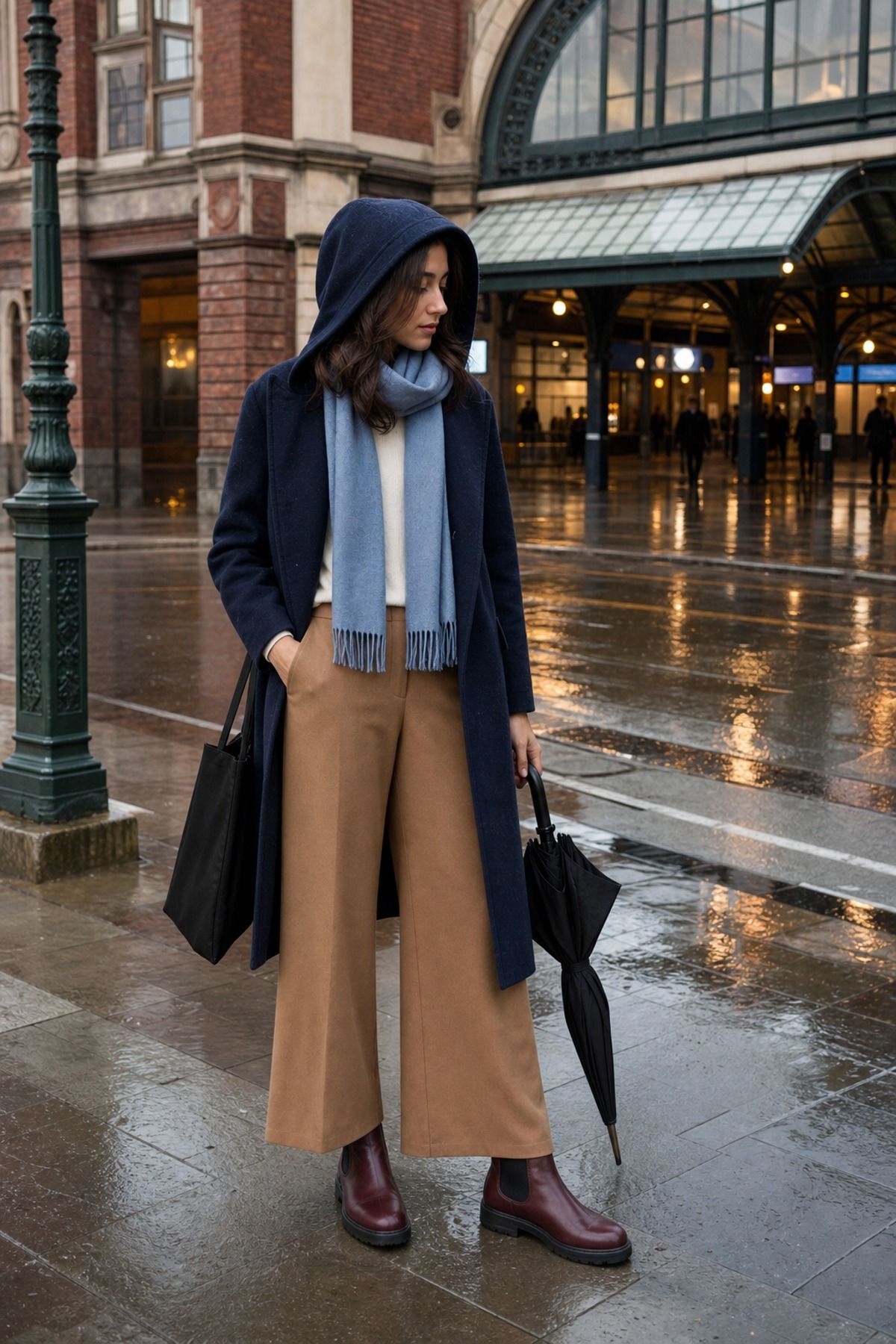 Woman wearing a hooded coat with wide-leg pants, a fall rainy day outfit