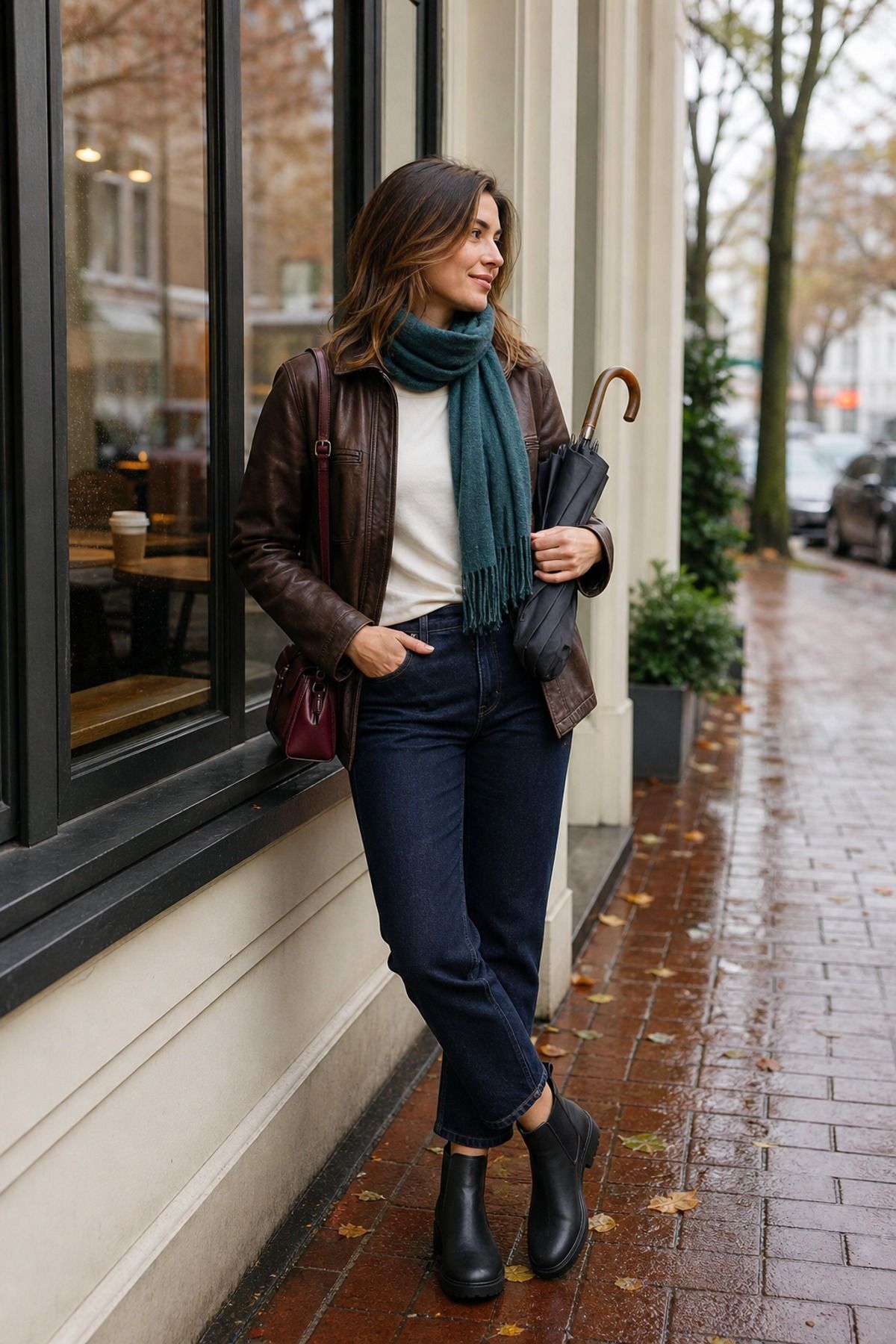 Woman wearing a leather jacket with weather boots, a fall rainy day outfit