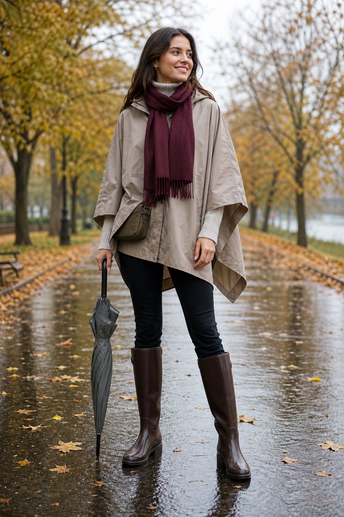 Woman wearing a poncho with skinny jeans, a fall rainy day outfit