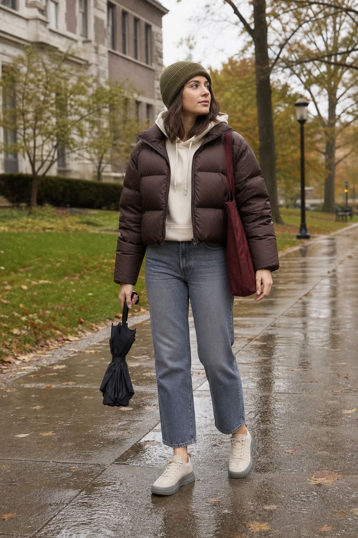 Woman wearing a puffer jacket with waterproof sneakers, a fall rainy day outfit