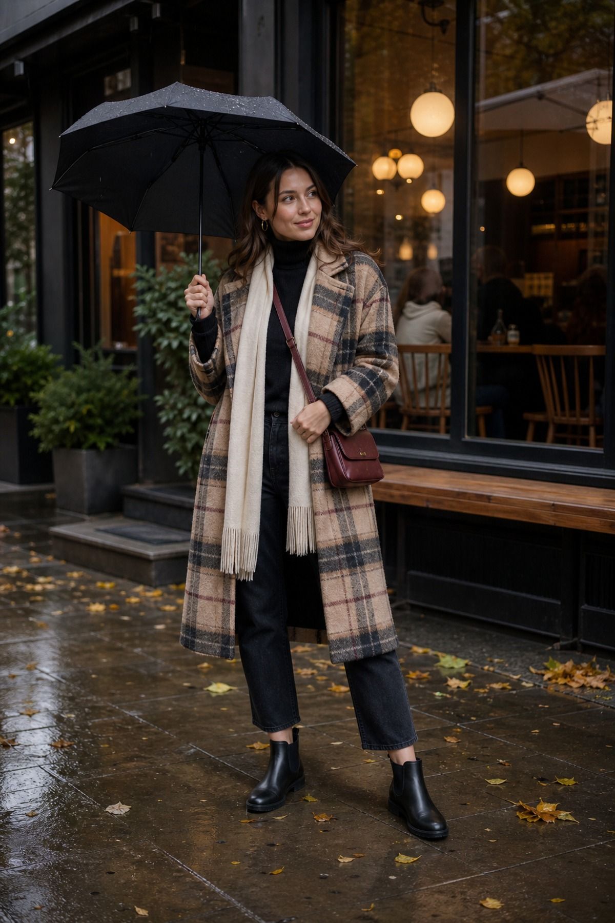 Woman wearing a plaid coat with black boots, a fall rainy day outfit