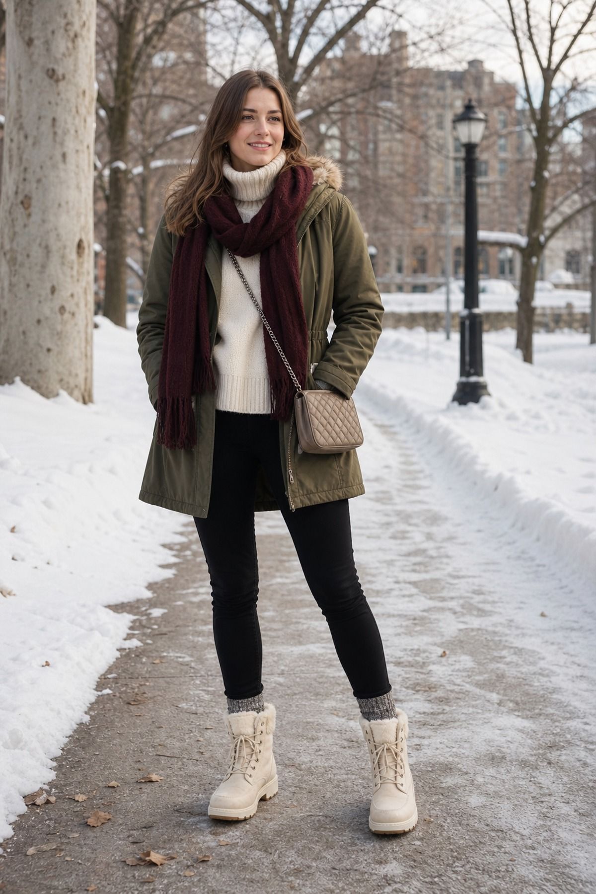 Woman wearing snow boots with slim pants, a cold weather outfit