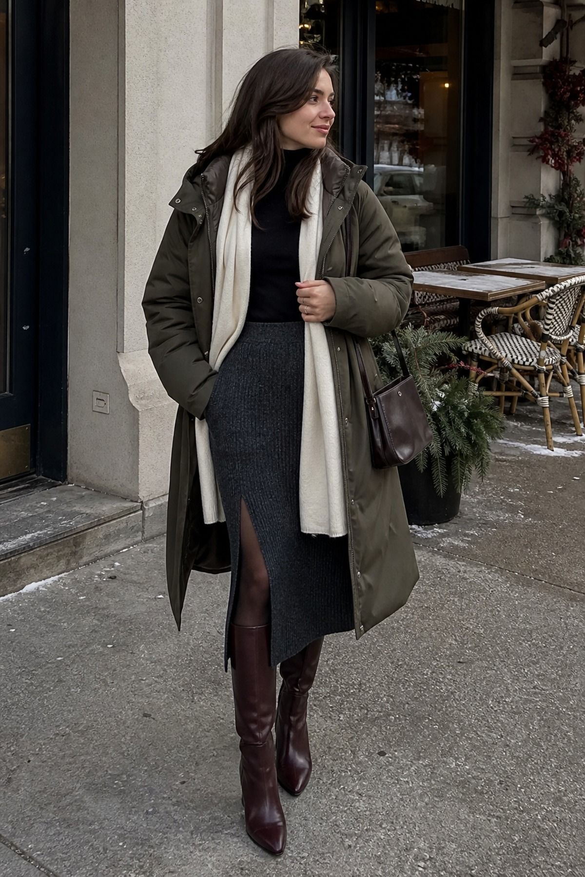 Woman wearing a parka with a midi skirt and boots, a cold weather outfit
