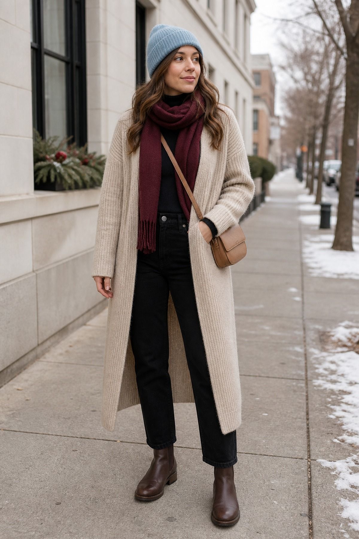 Woman wearing a sweater coat with black jeans, a cold weather outfit