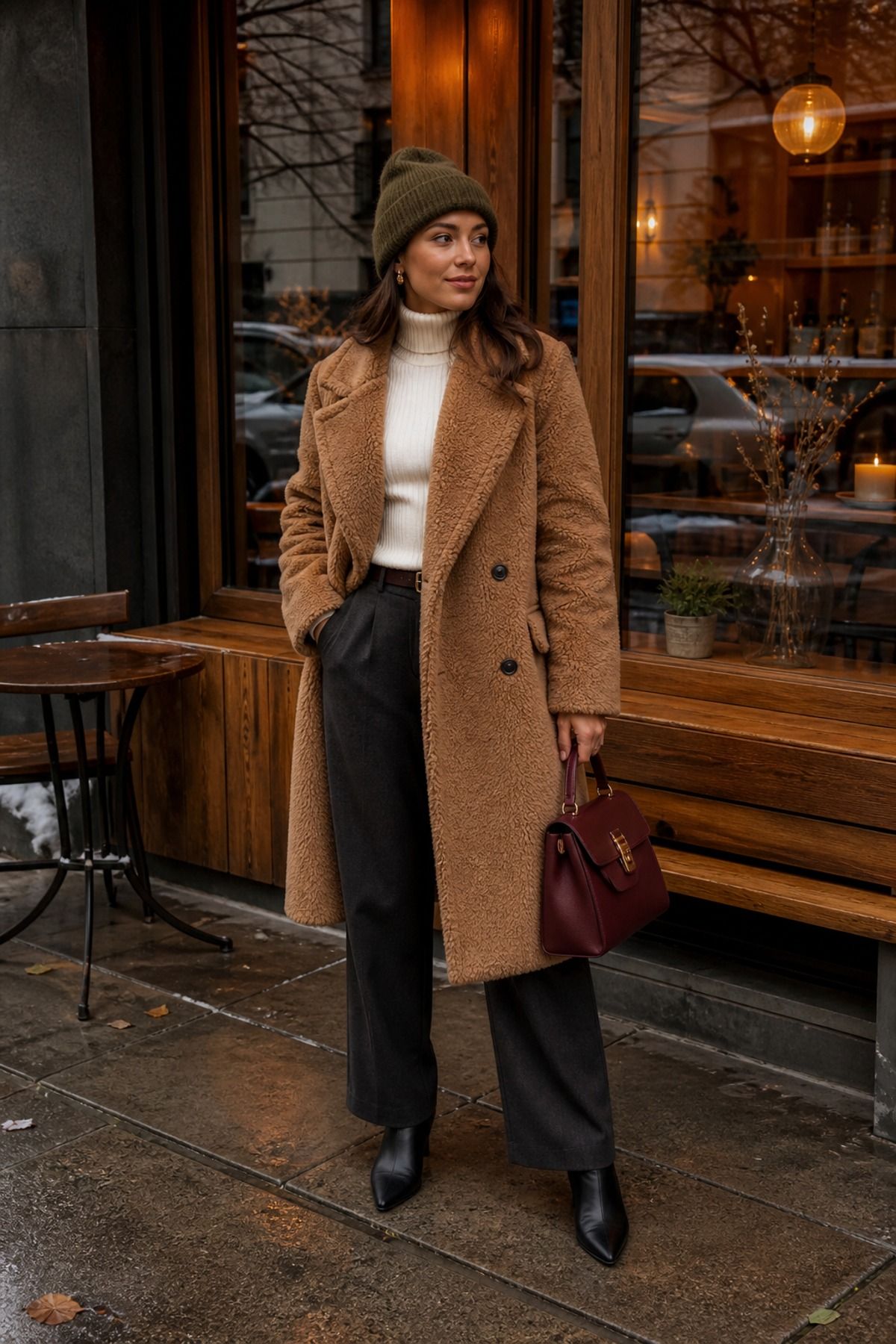 Woman wearing a teddy coat with dark trousers, a cold weather outfit