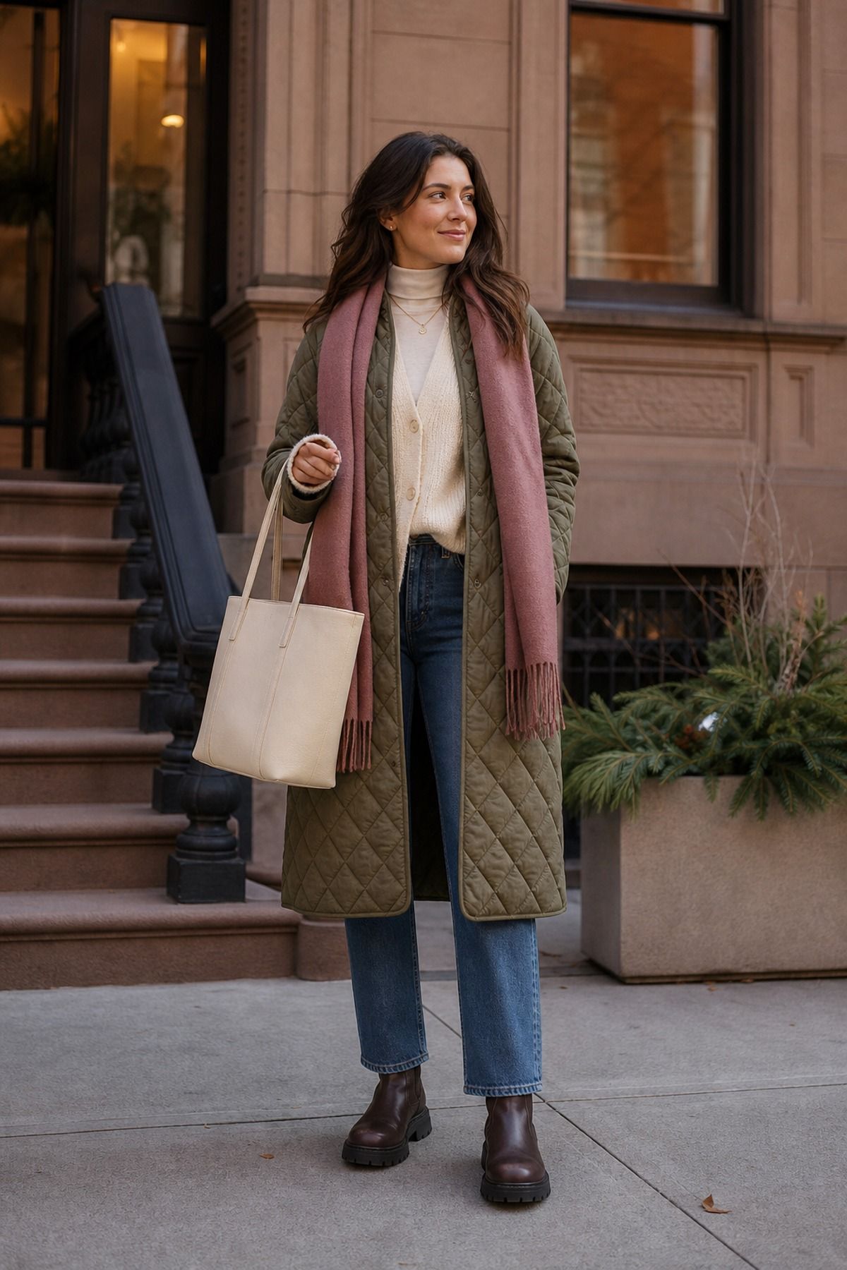 Woman wearing a quilted coat with a denim base, a cold weather outfit