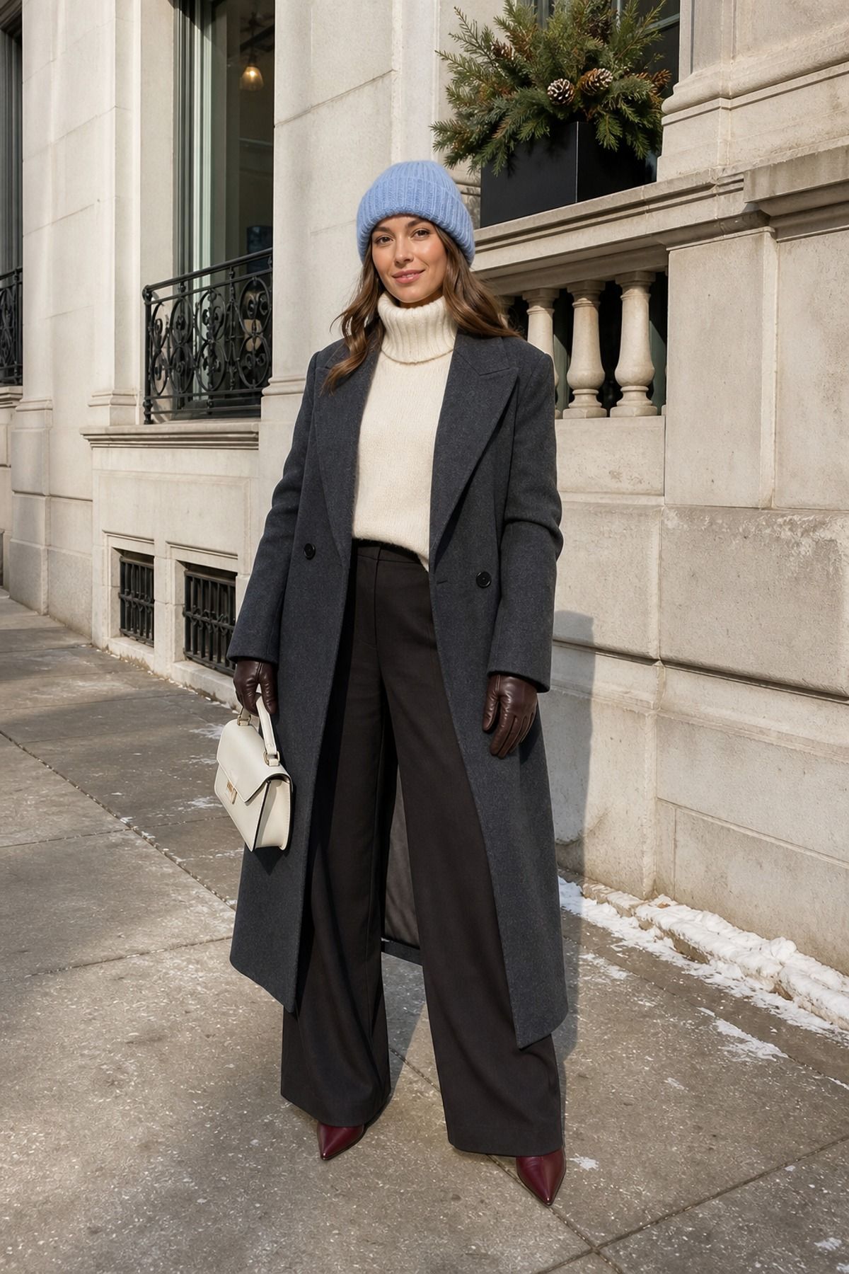 Woman wearing a beanie with a tailored coat, a cold weather outfit