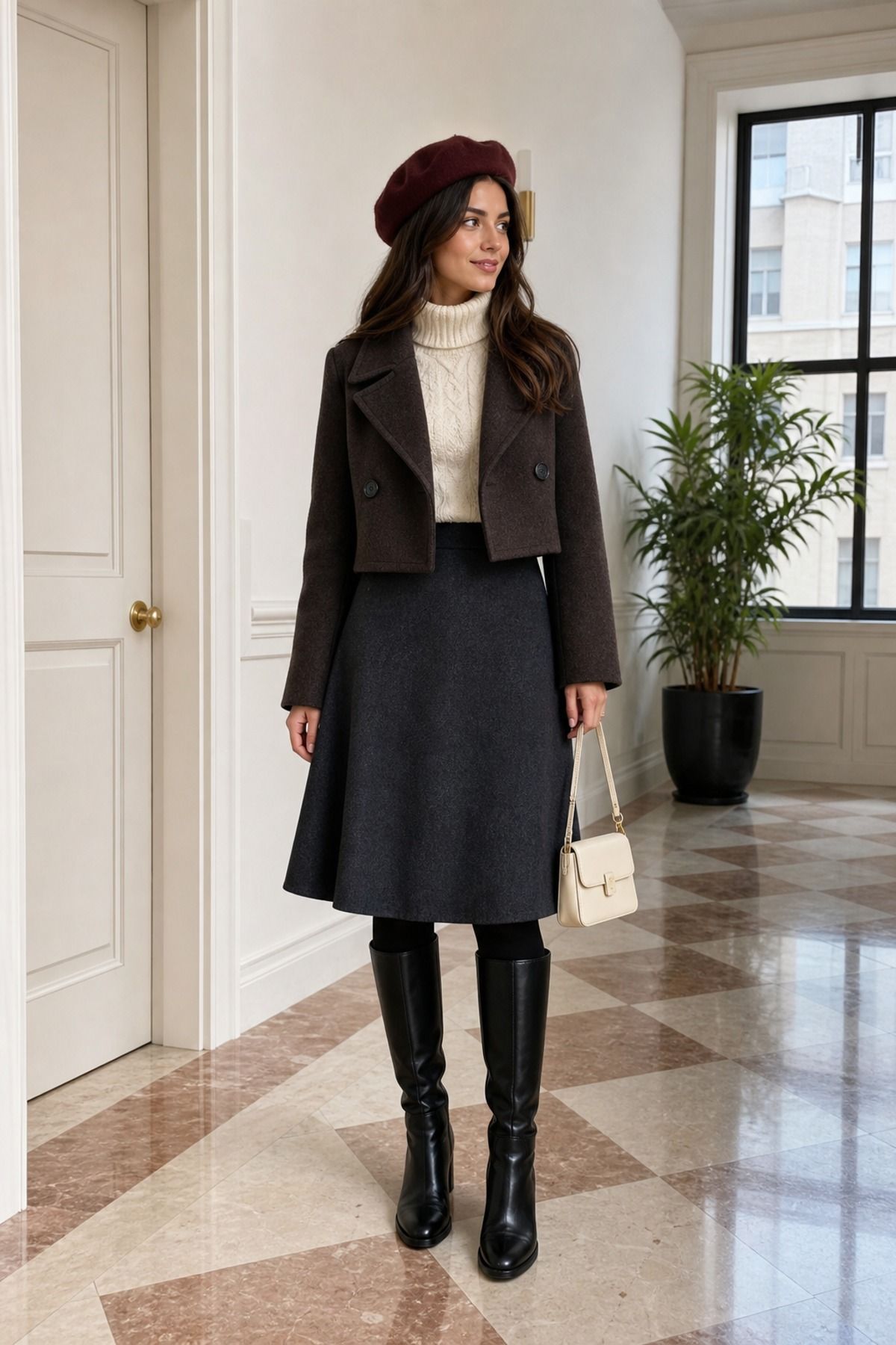 Woman wearing a wool skirt with opaque tights, a cold weather outfit
