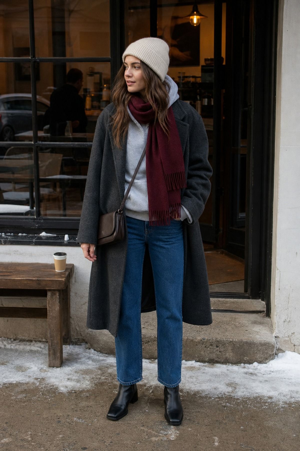 Woman wearing a layered hoodie under a wool coat, a cold weather outfit