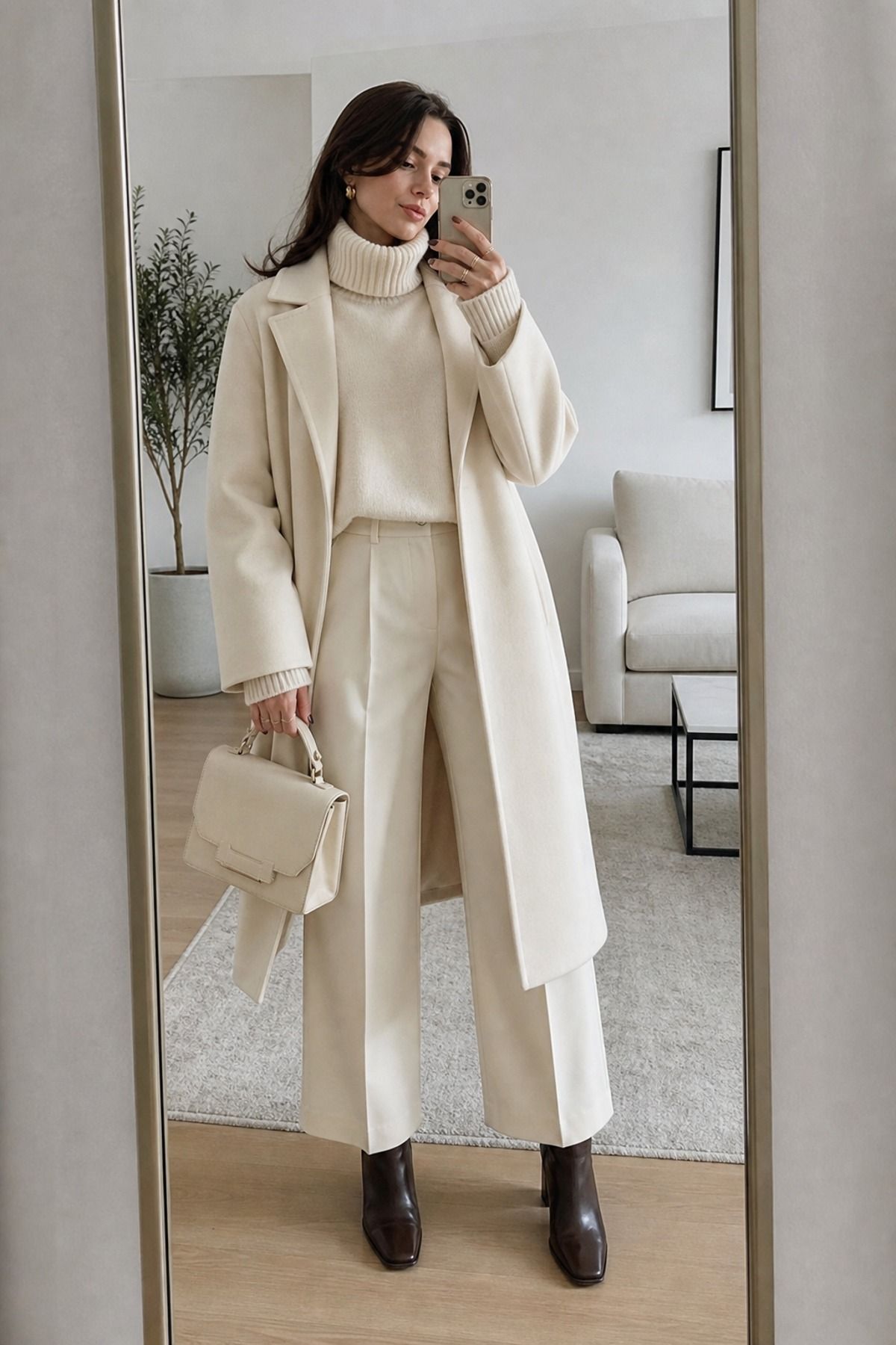 Woman wearing a monochrome cream winter outfit, a cold weather outfit