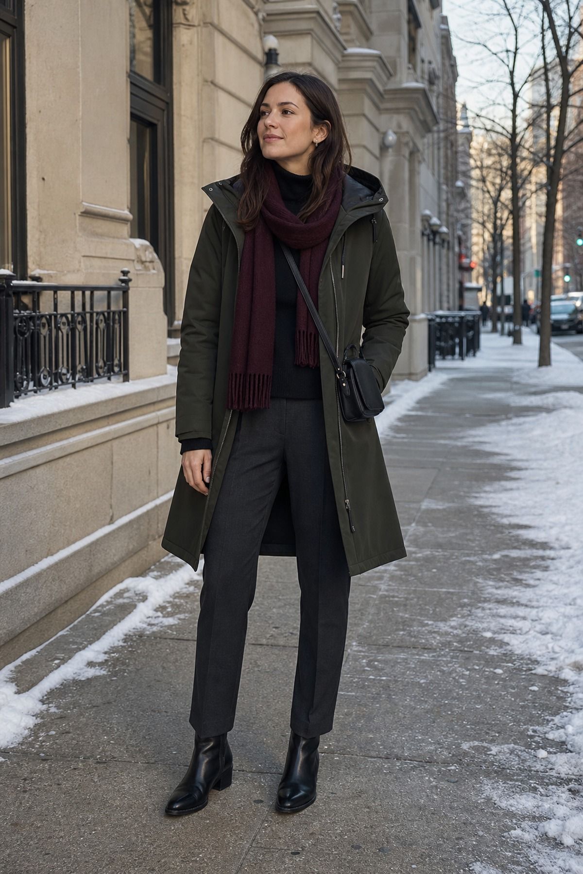 Woman wearing a technical coat with polished boots, a cold weather outfit