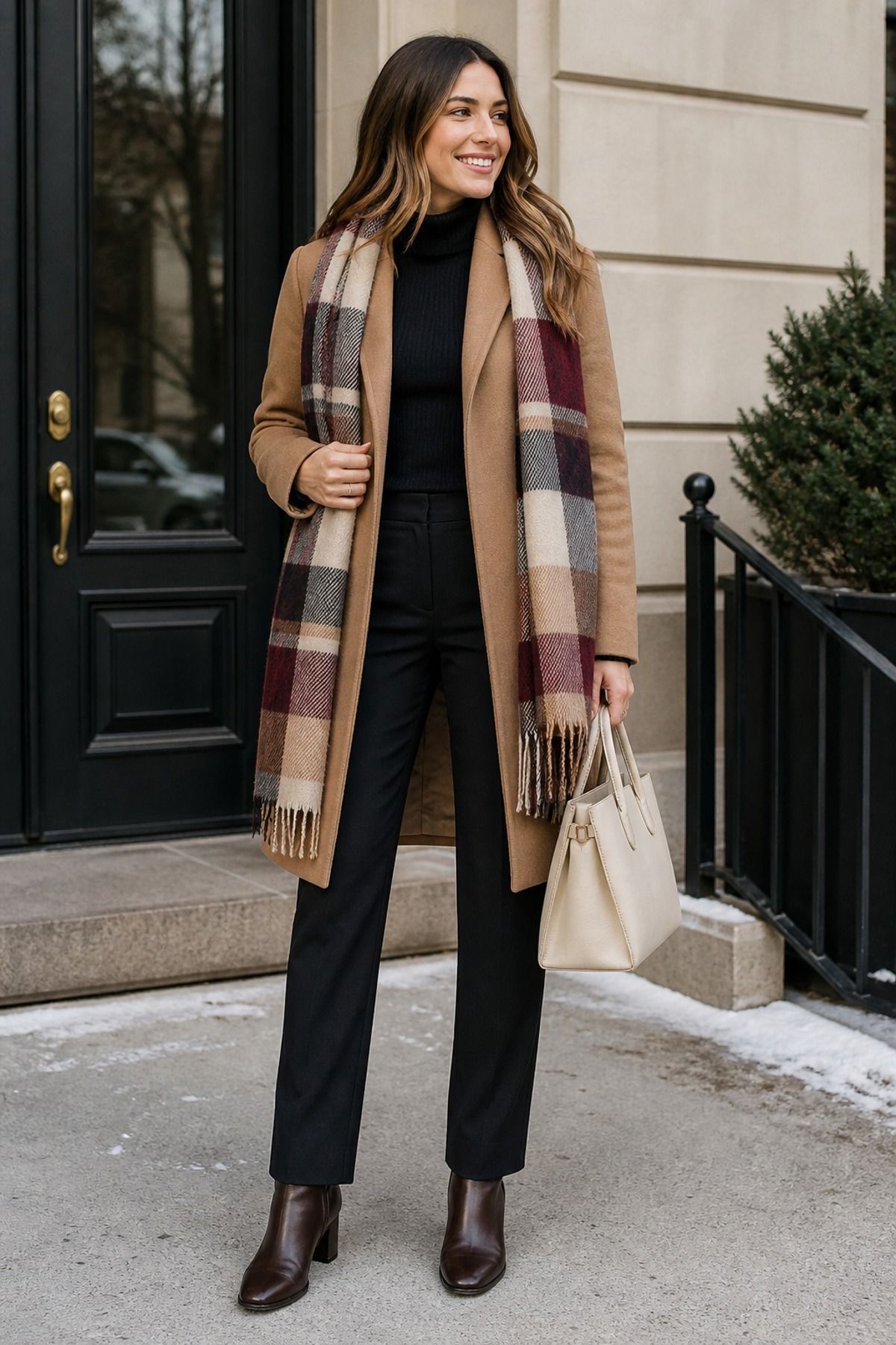 Woman wearing a blanket scarf with a simple column, a cold weather outfit