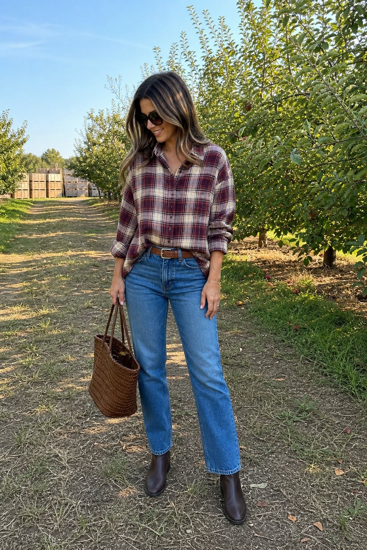 Woman wearing a plaid shirt with straight jeans, a fall apple picking outfit