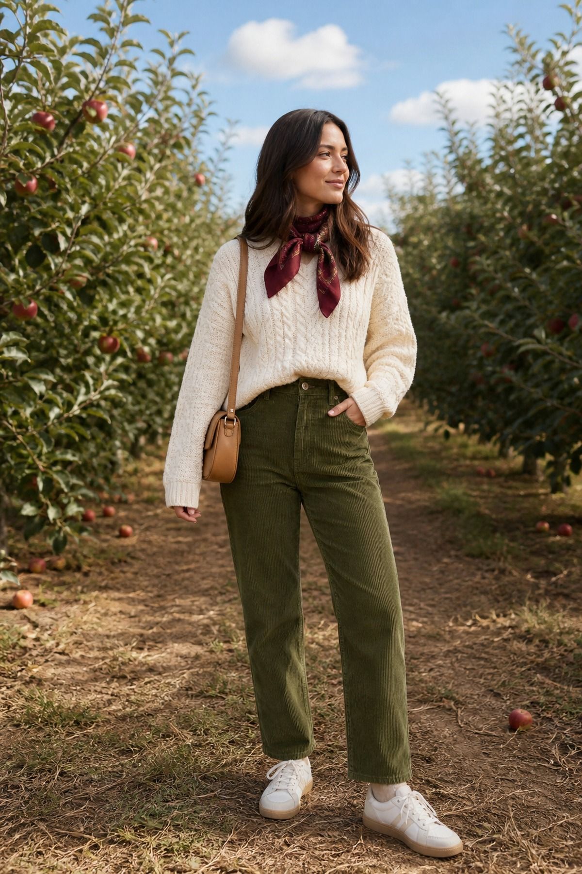 Woman wearing a cable sweater with corduroy pants, a fall apple picking outfit