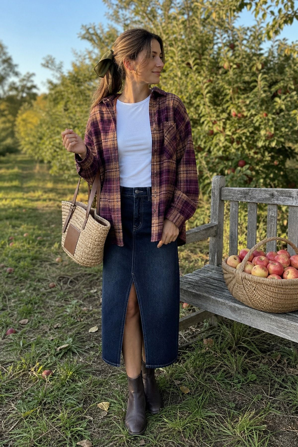 Woman wearing a flannel shirt with a denim skirt, a fall apple picking outfit