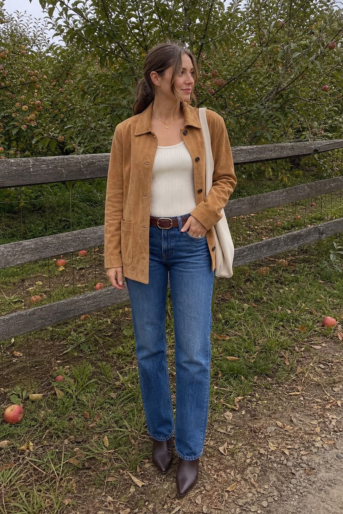 Woman wearing a suede jacket with blue jeans, a fall apple picking outfit