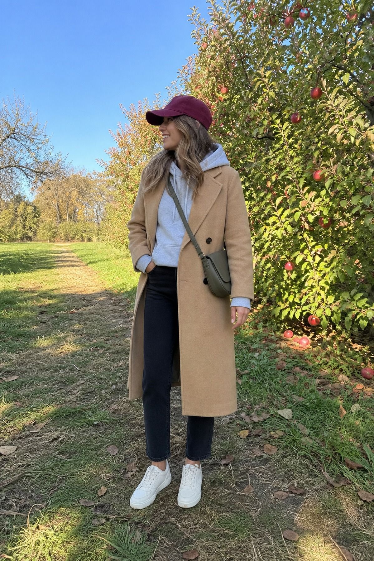 Woman wearing a hoodie under a wool coat, a fall apple picking outfit