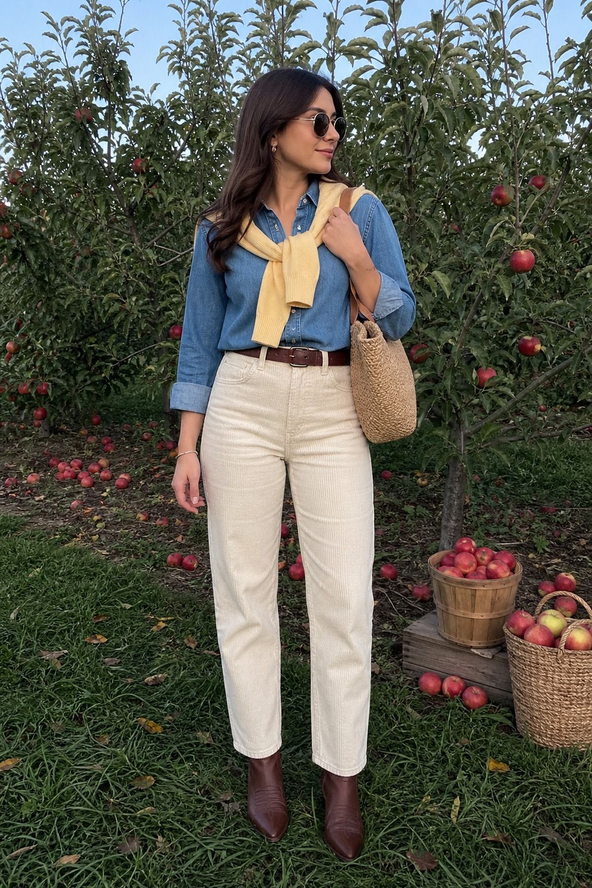 Woman wearing a denim shirt with brown boots, a fall apple picking outfit
