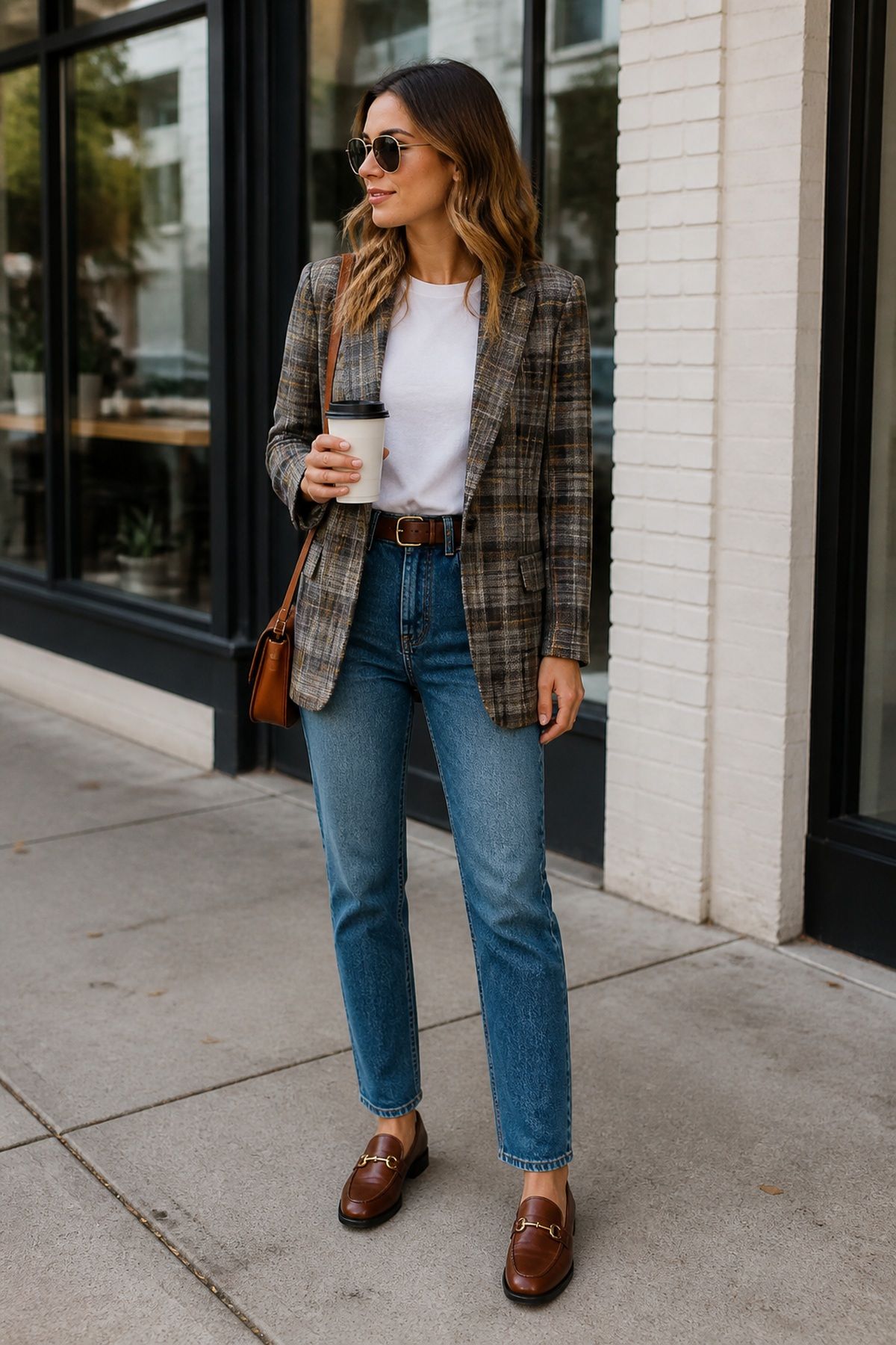 Woman wearing a plaid blazer with a white tee, a fall blazer outfit