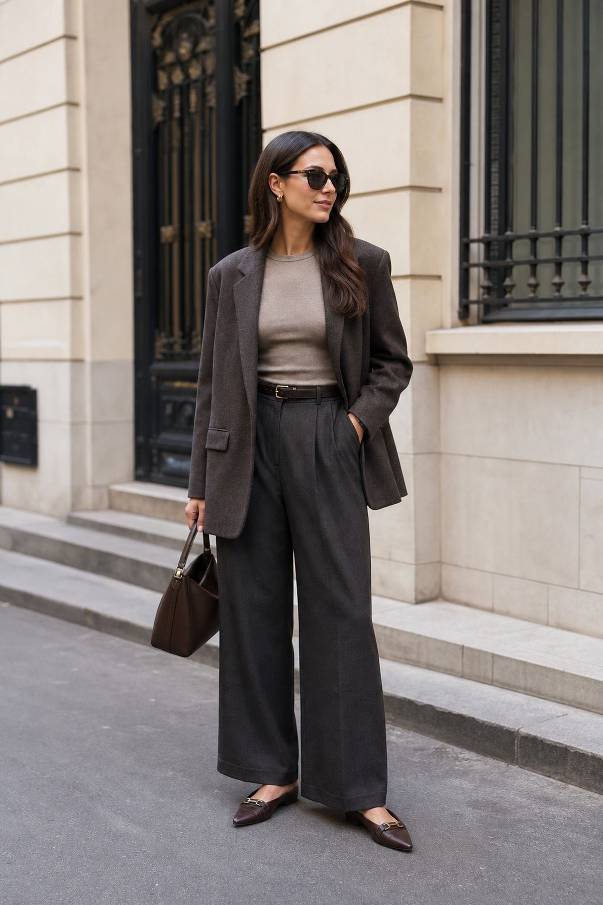 Woman wearing a blazer with wide-leg trousers, a fall blazer outfit