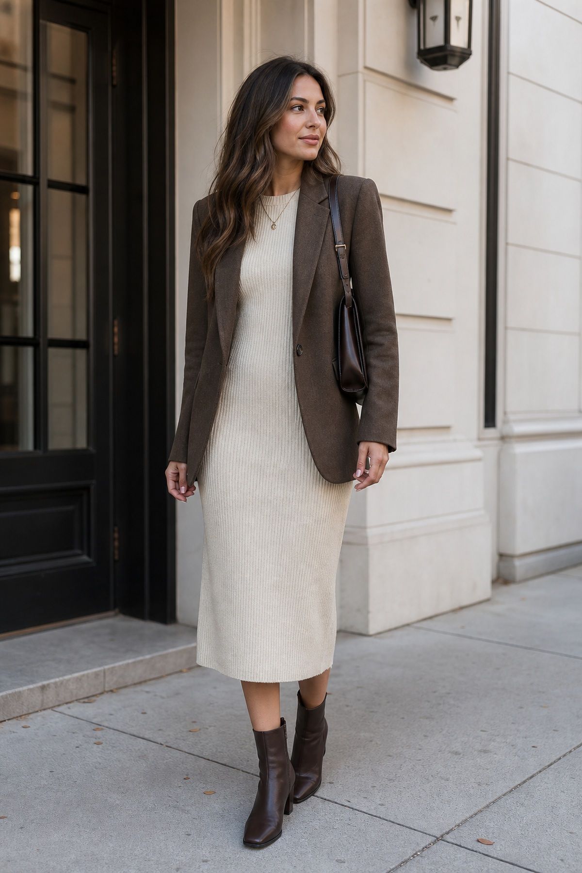 Woman wearing a blazer with a knit dress, a fall blazer outfit