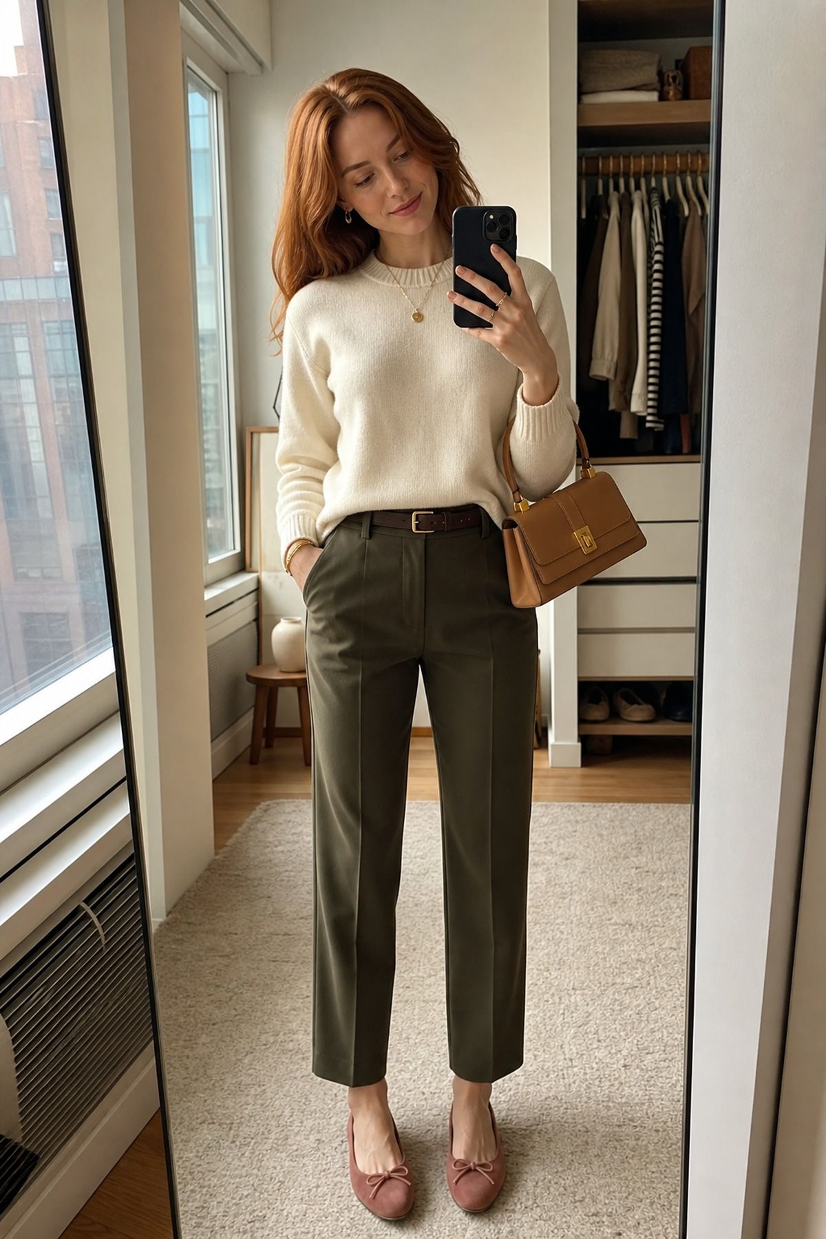 Woman wearing a cream crewneck sweater