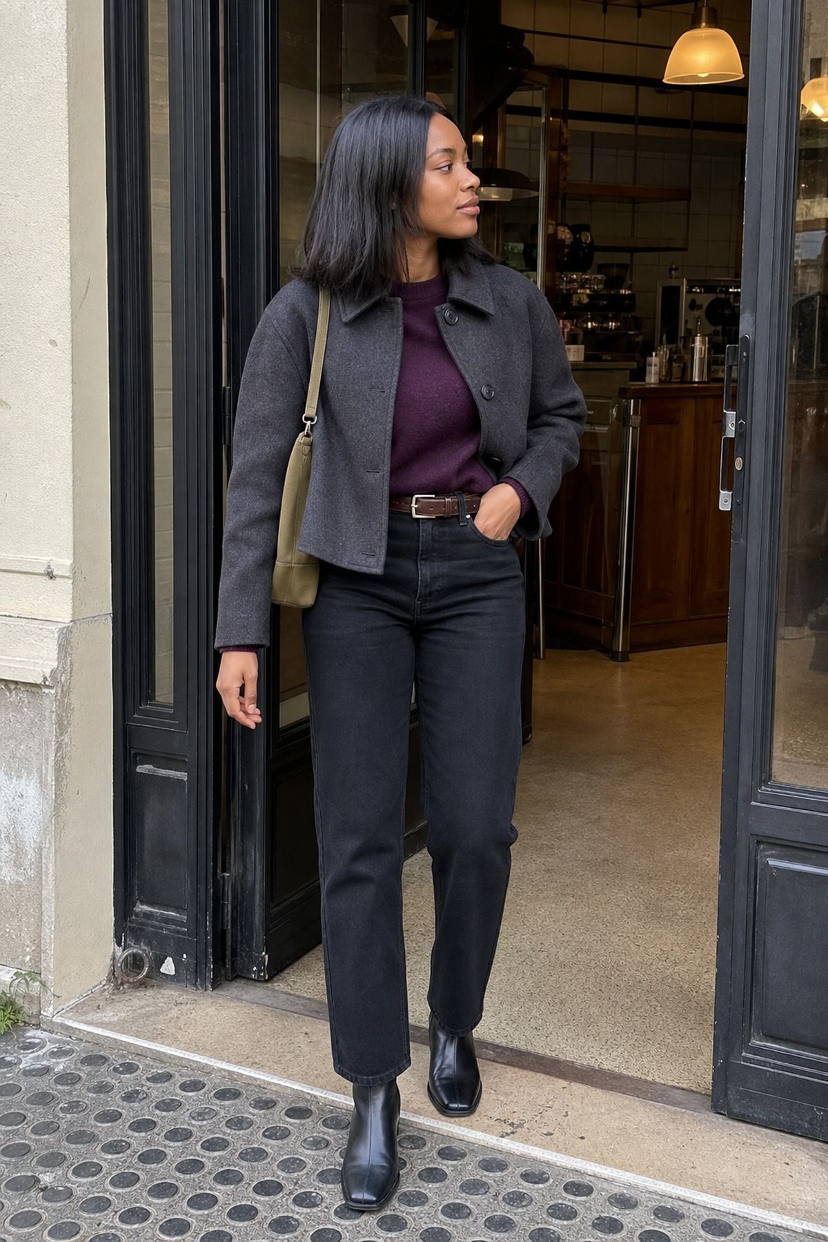 Woman wearing black straight-leg jeans