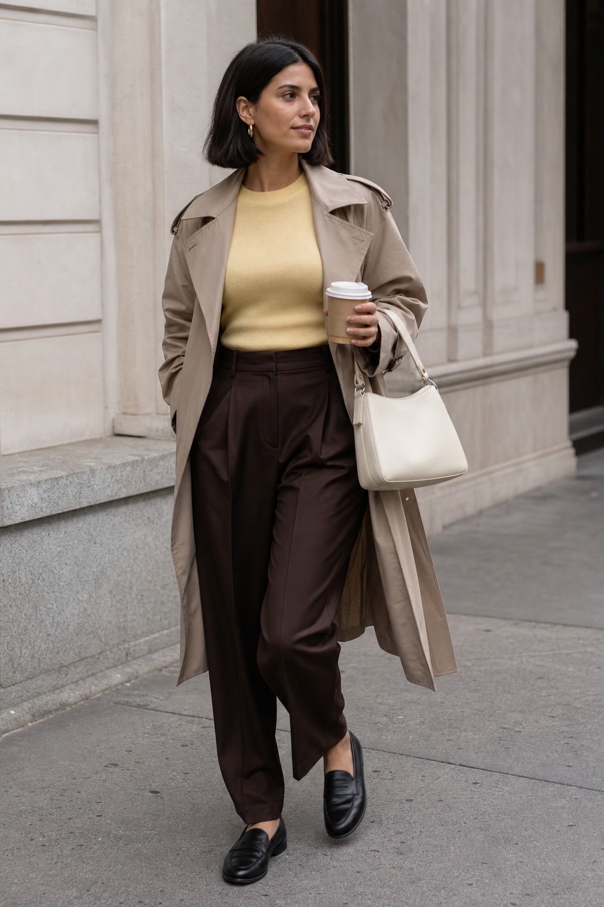 Woman wearing chocolate trousers