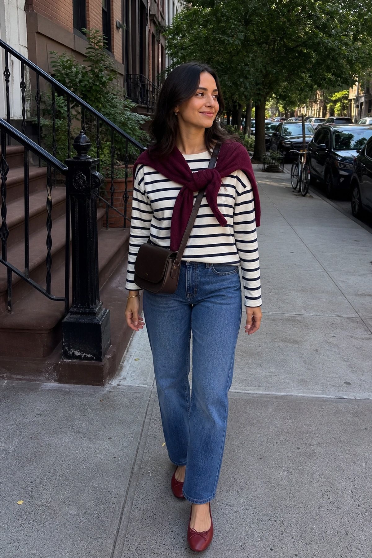 Woman wearing a striped long sleeve tee