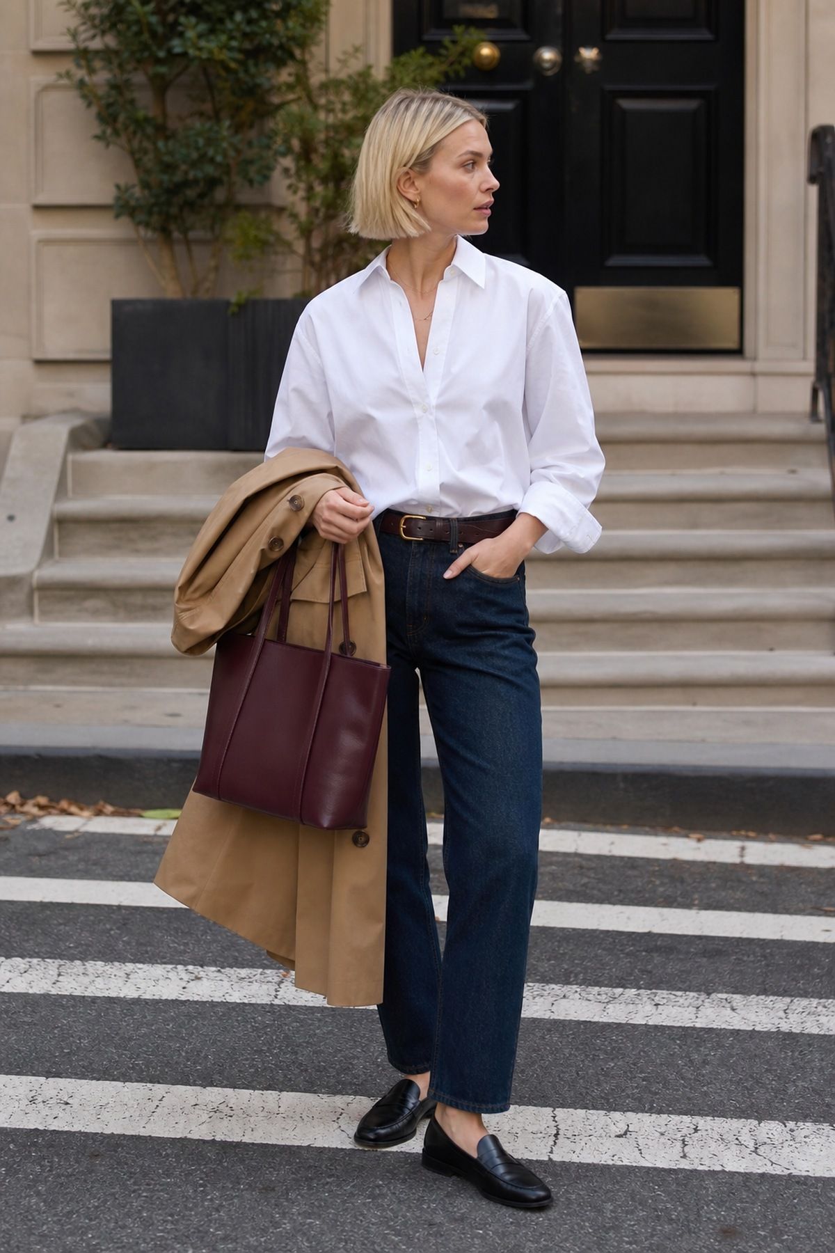 Woman wearing a white button down shirt