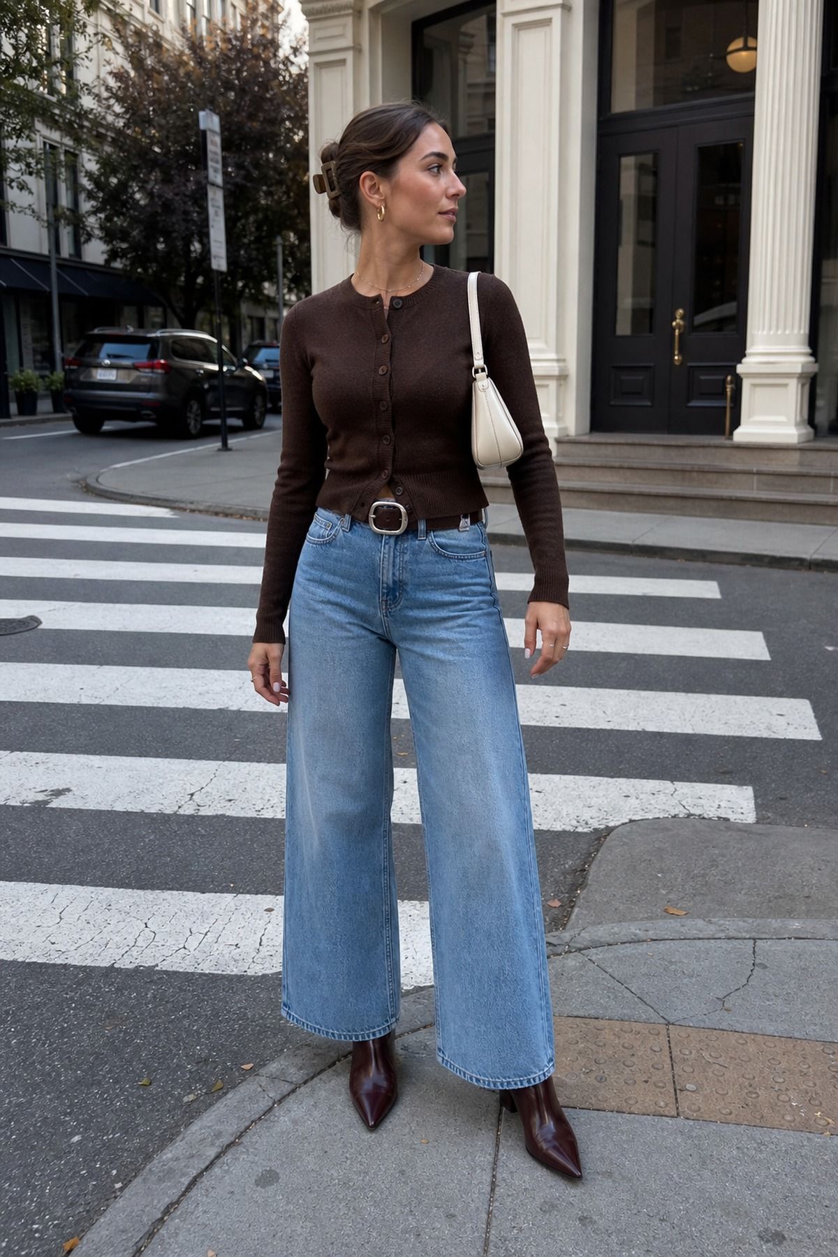 Woman in a fitted brown cardigan buttoned and tucked into light-wash wide-leg jeans with a black belt and burgundy pointed boots on a crosswalk