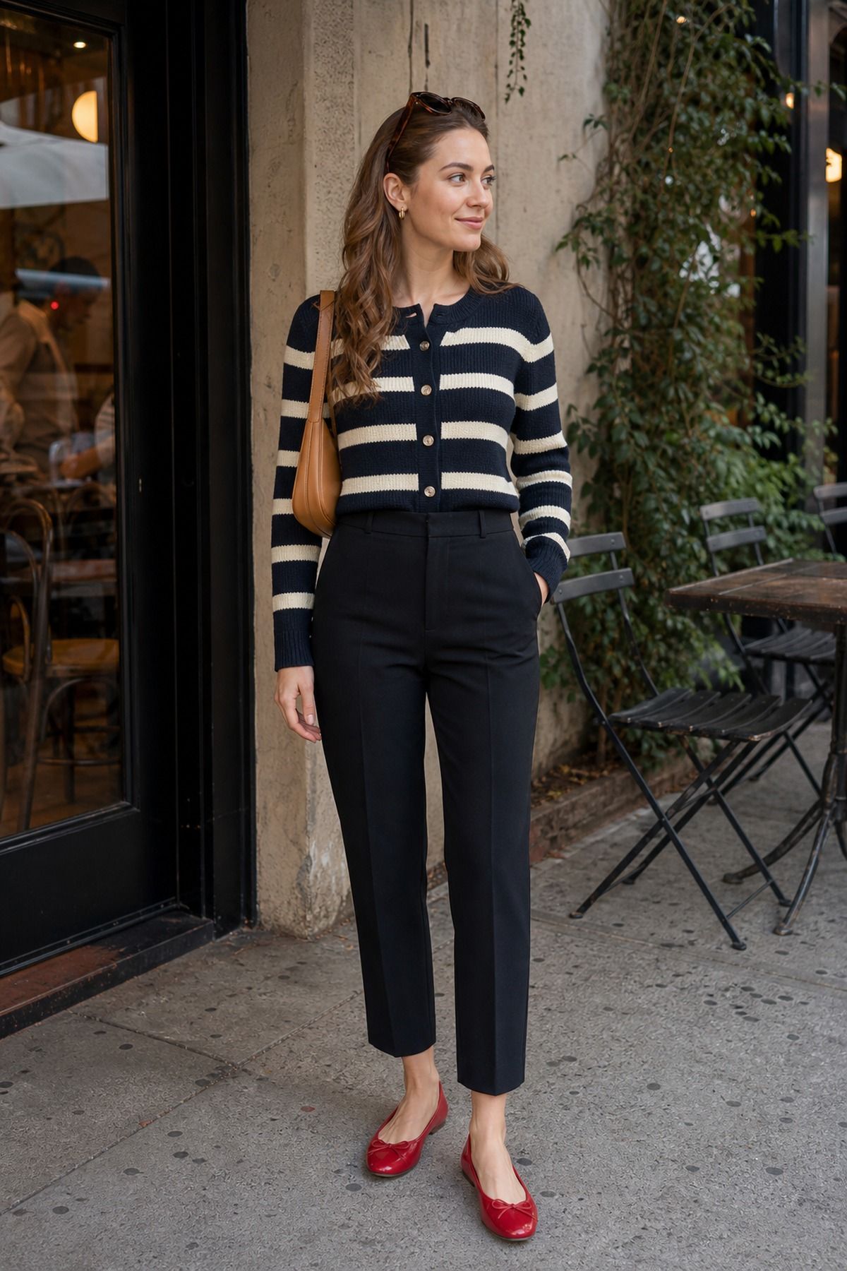 Woman in a navy and cream striped cardigan with black cropped trousers, red ballet flats and a tan shoulder bag outside a cafe