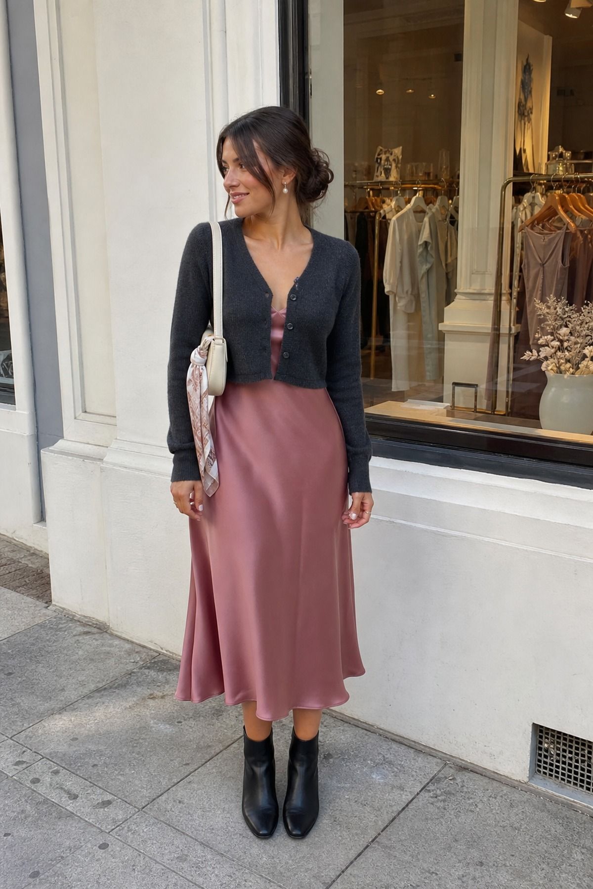 Woman in a charcoal cropped cardigan over a dusty pink satin slip midi dress with black ankle boots outside a shop