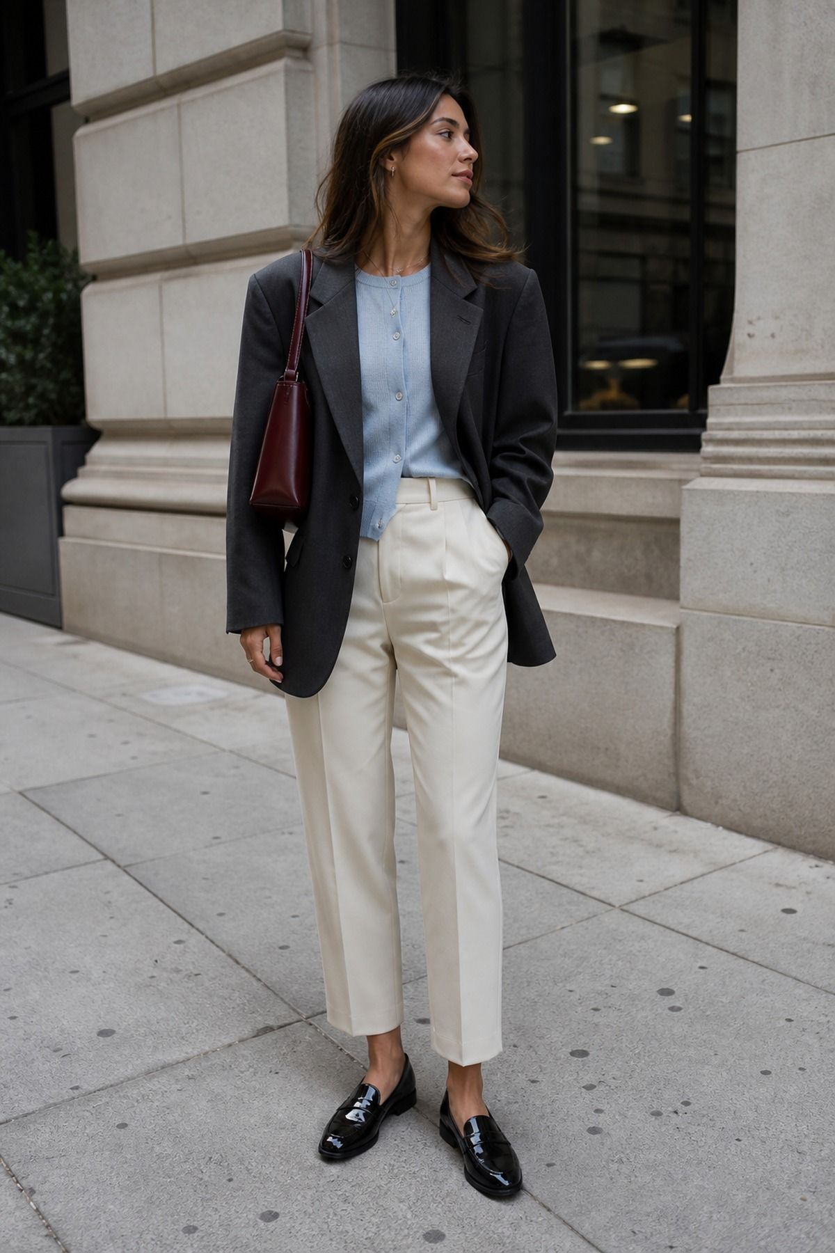 Woman in a pale blue fine-knit cardigan under a charcoal blazer with cream trousers, black loafers and a burgundy bag, a fall cardigan layering outfit