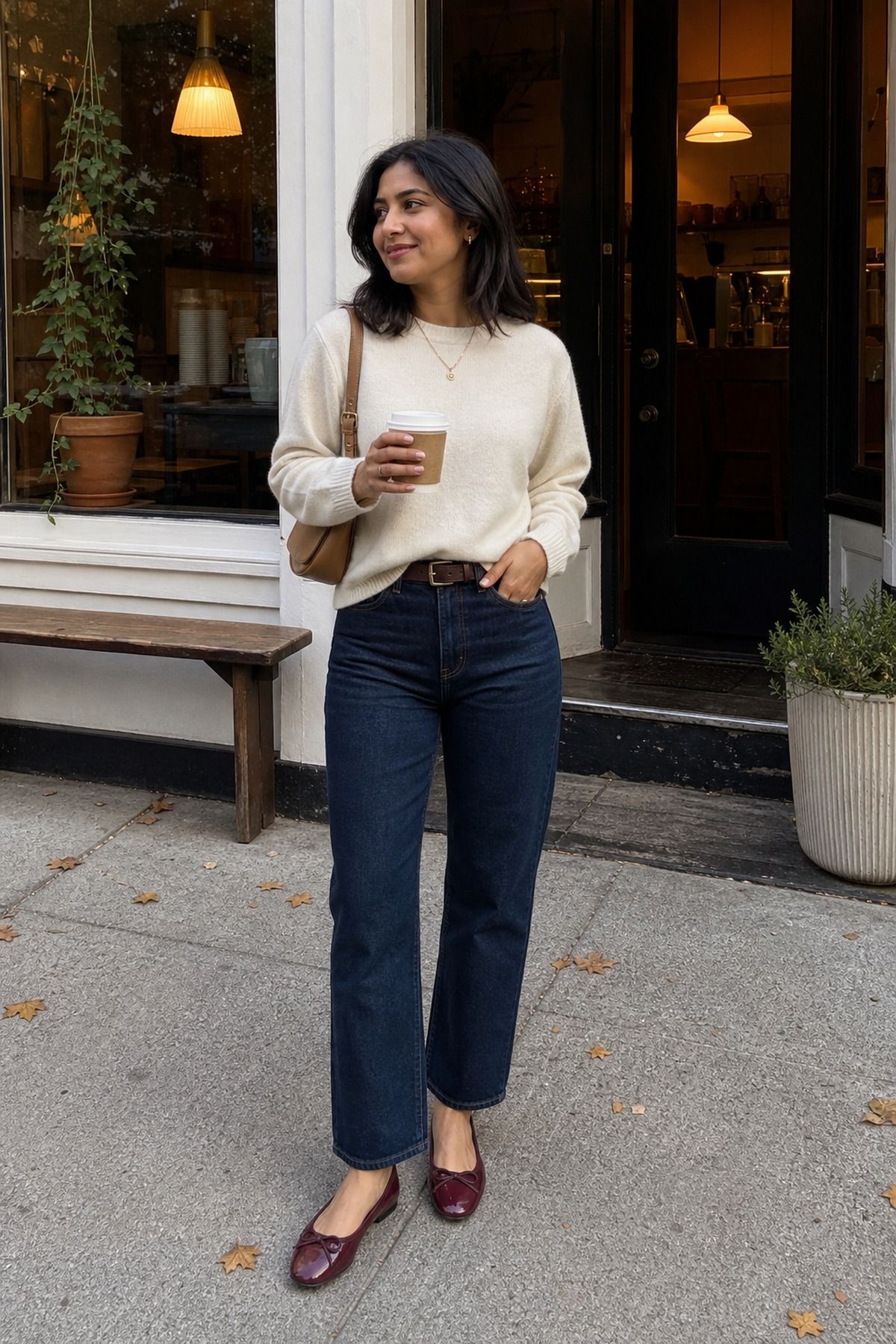 Cashmere Sweater with Straight Jeans outfit idea for 15 Best Fall Coffee Date Outfits That Feel Easy, Warm, and Pretty.