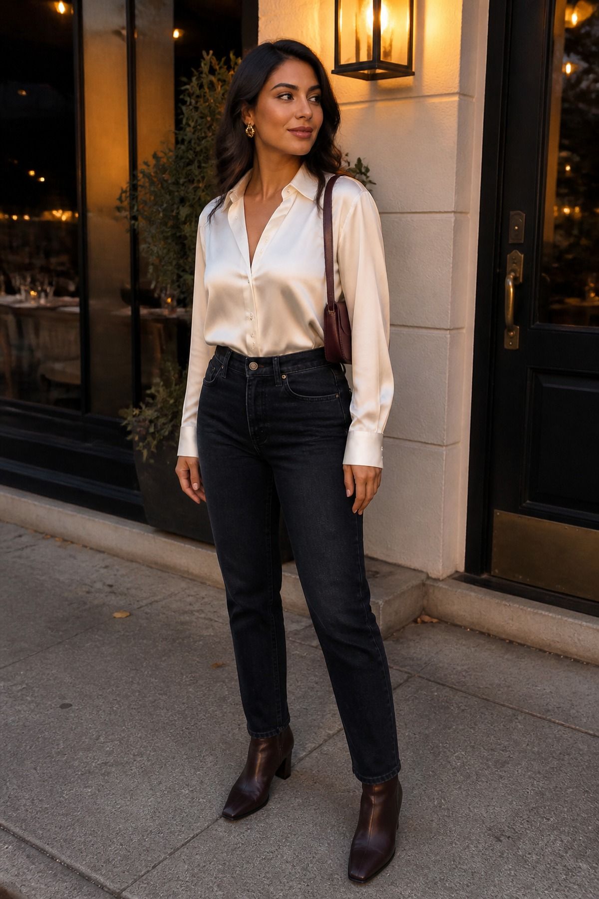 Woman wearing a satin blouse with dark jeans, a fall dinner outfit