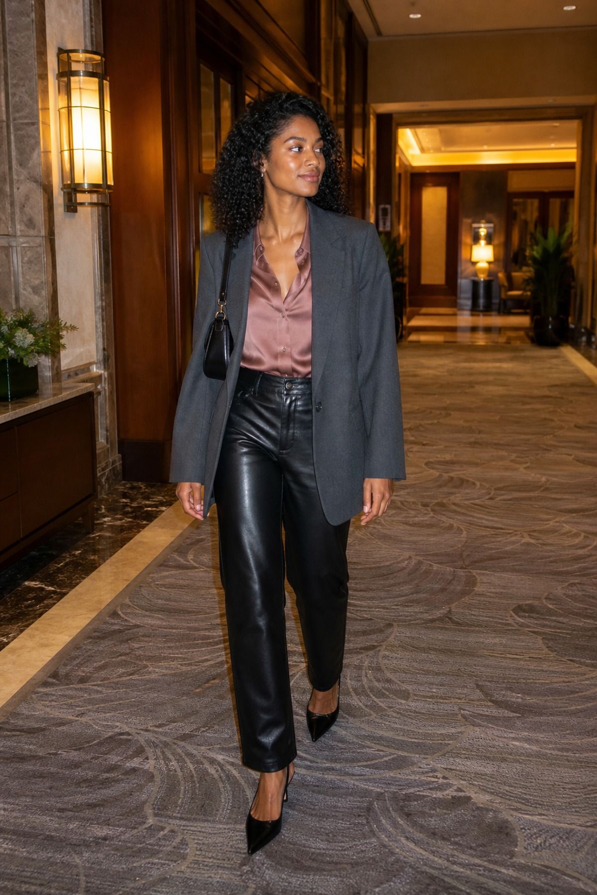 Woman wearing leather pants with a silk shirt, a fall dinner outfit