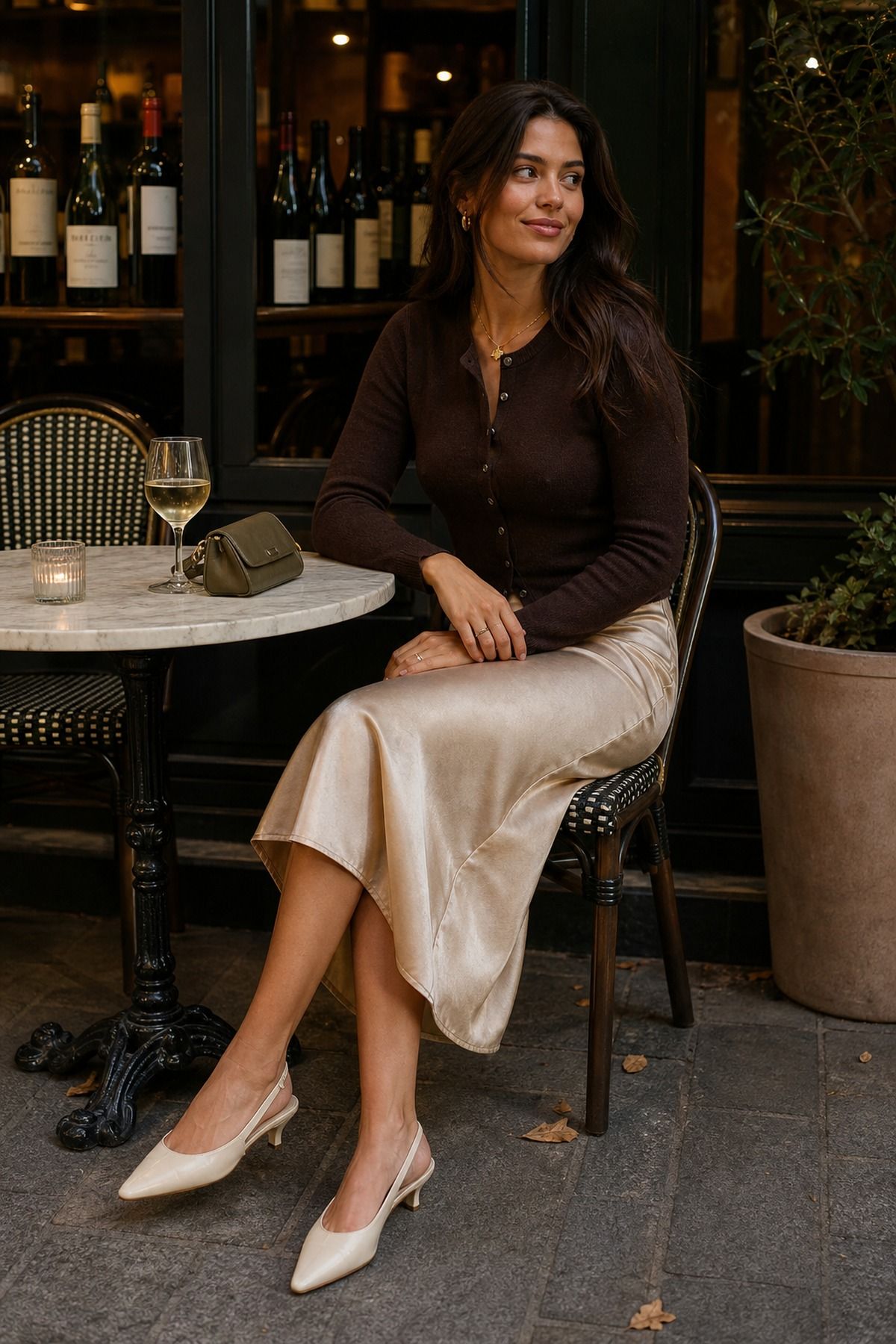 Woman wearing a slip skirt with a fitted cardigan, a fall dinner outfit