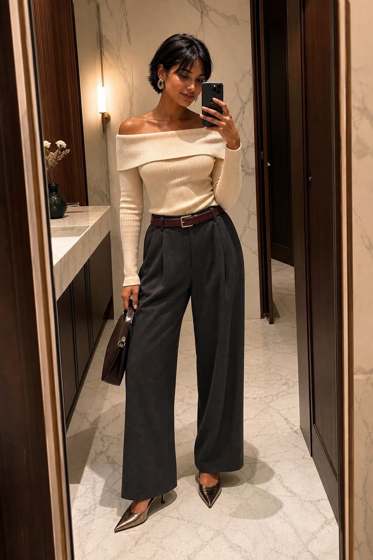 Woman wearing wide-leg trousers with an off-shoulder knit, a fall dinner outfit