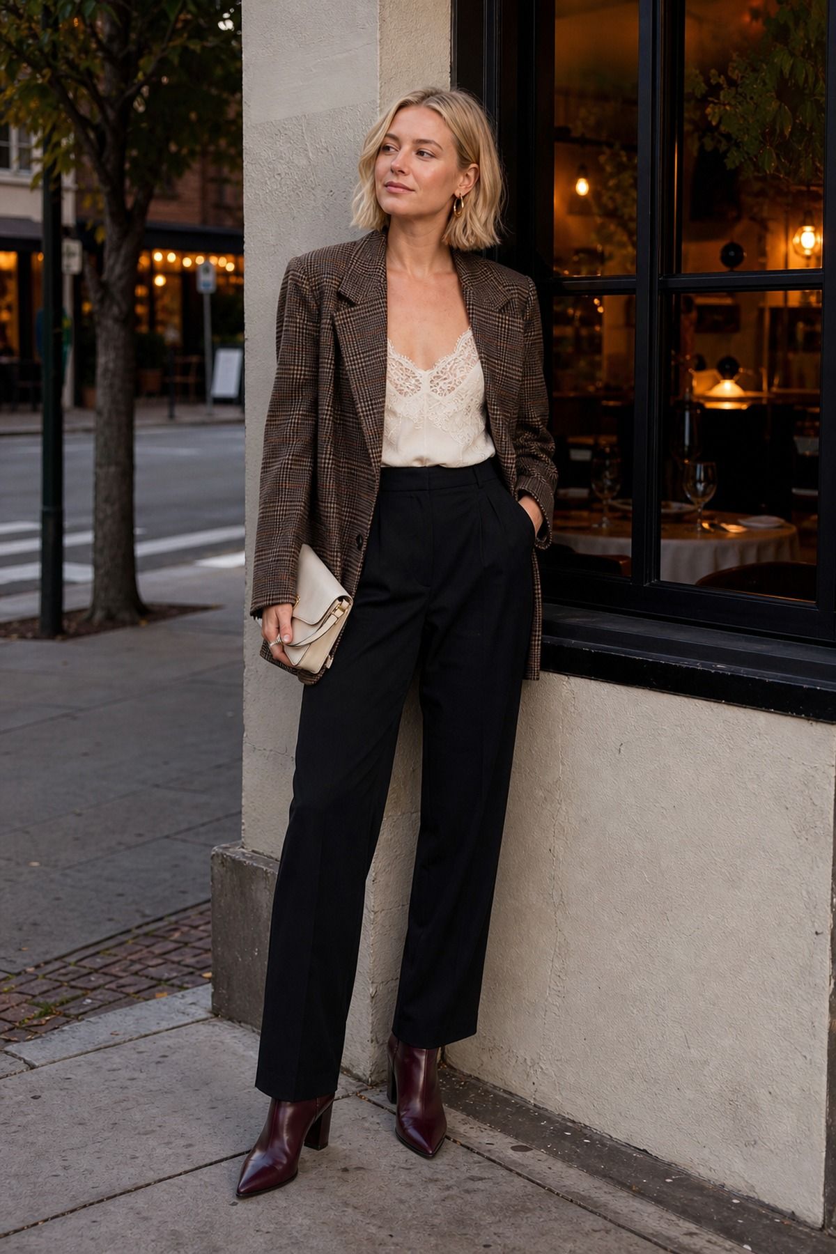 Woman wearing a plaid blazer with a lace cami, a fall dinner outfit