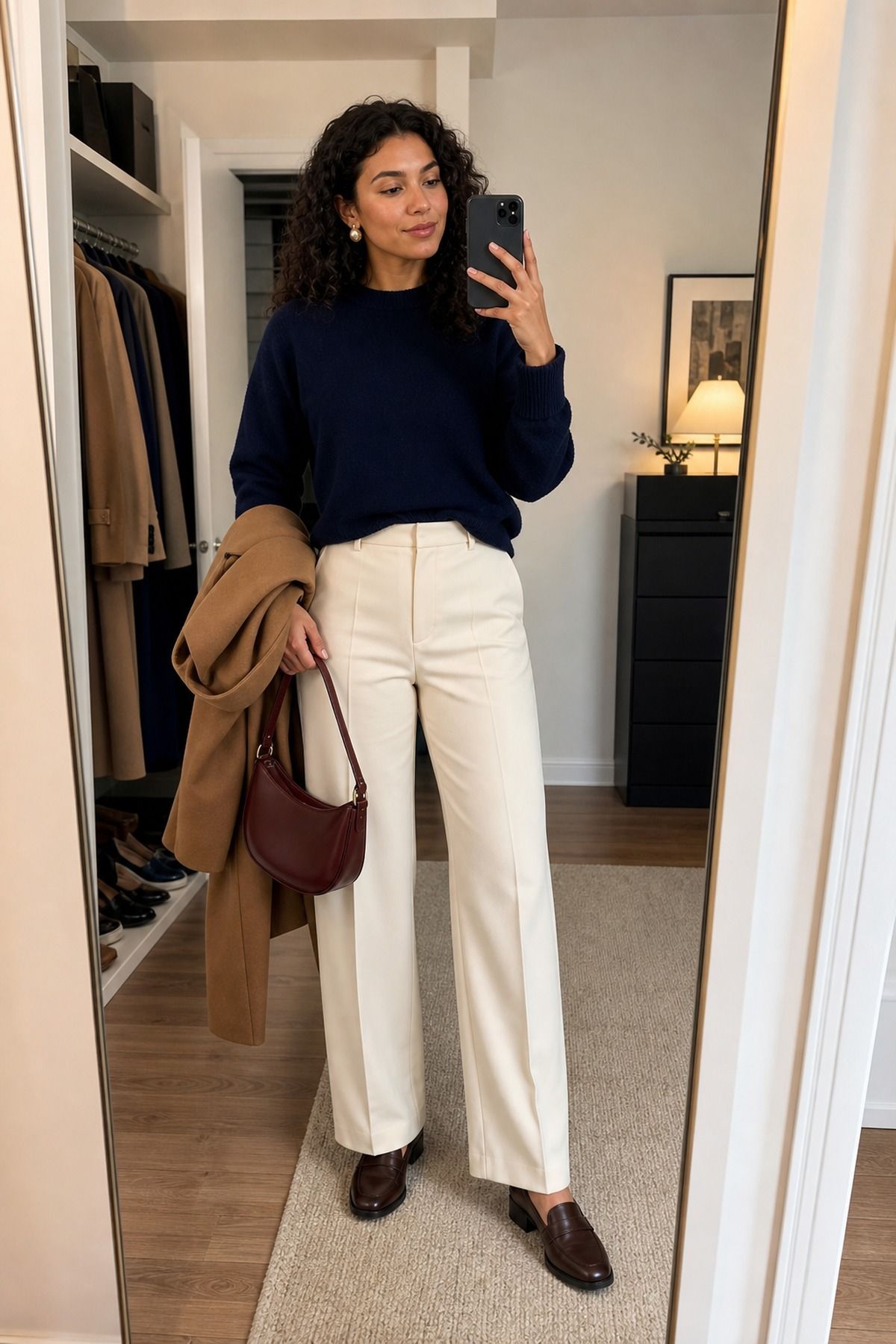 Woman wearing a navy sweater with cream trousers, a fall dinner outfit