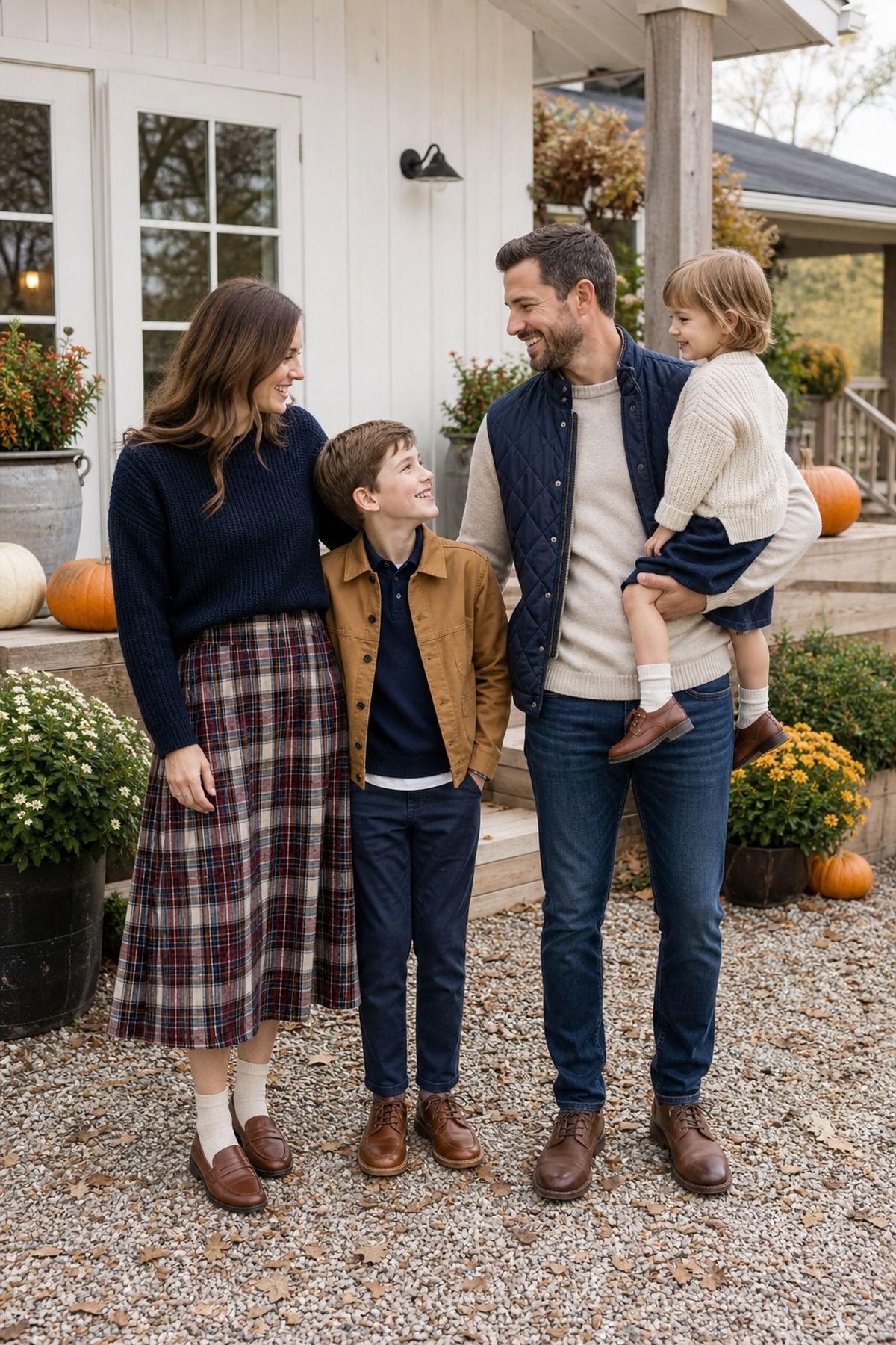 Family on a white farmhouse porch with pumpkins, mom in a navy sweater and burgundy plaid midi skirt with loafers, dad in a navy vest, boys in tan and cream